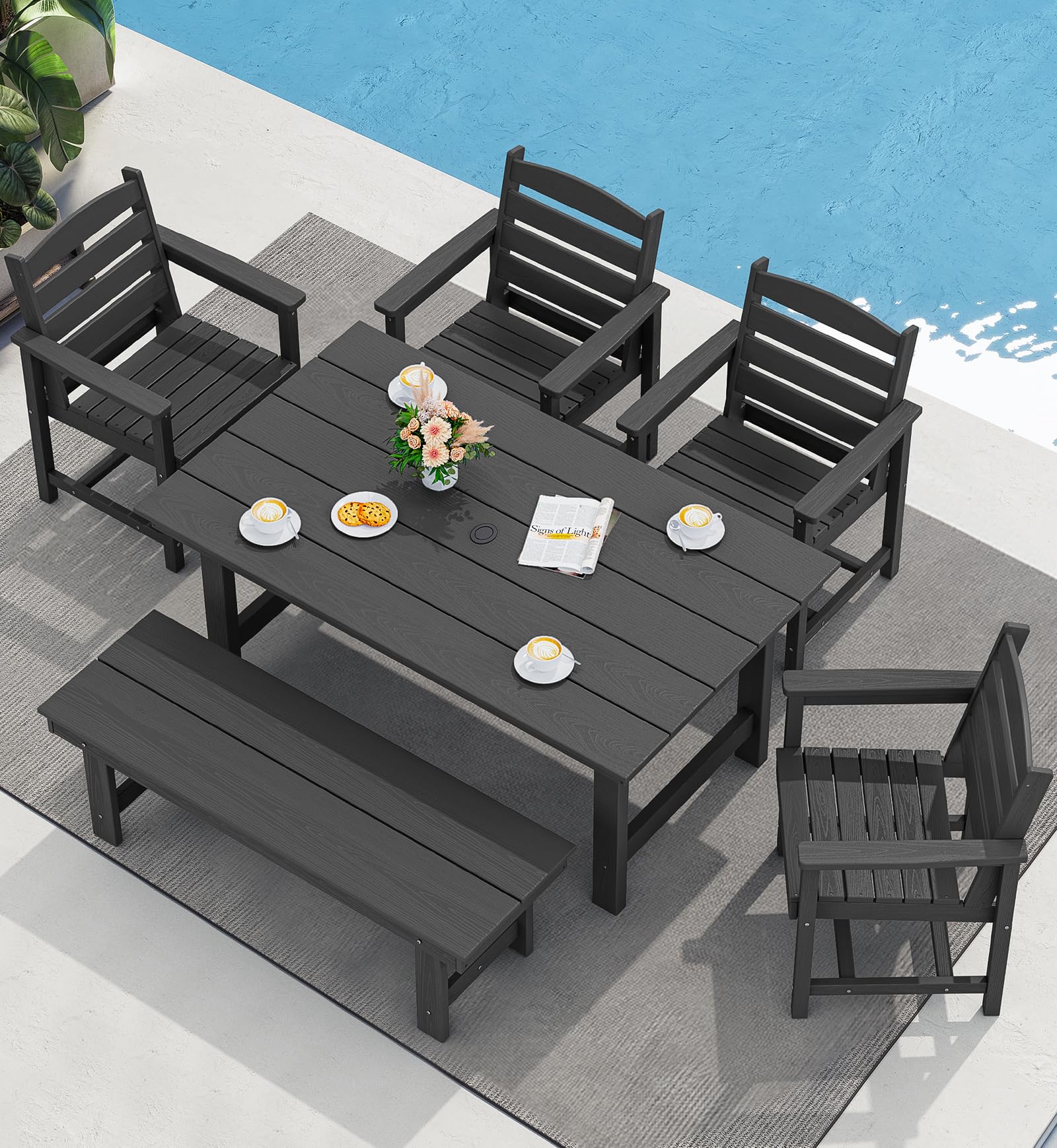 SERWALL 6 Pcs HDPE Dining Set, Includes 1 Table, 1 Bench &amp; 4 Chairs, Black | Outdoor Dining Set with Bench, All-Weather Resistant SERWALL Dining Set for patio