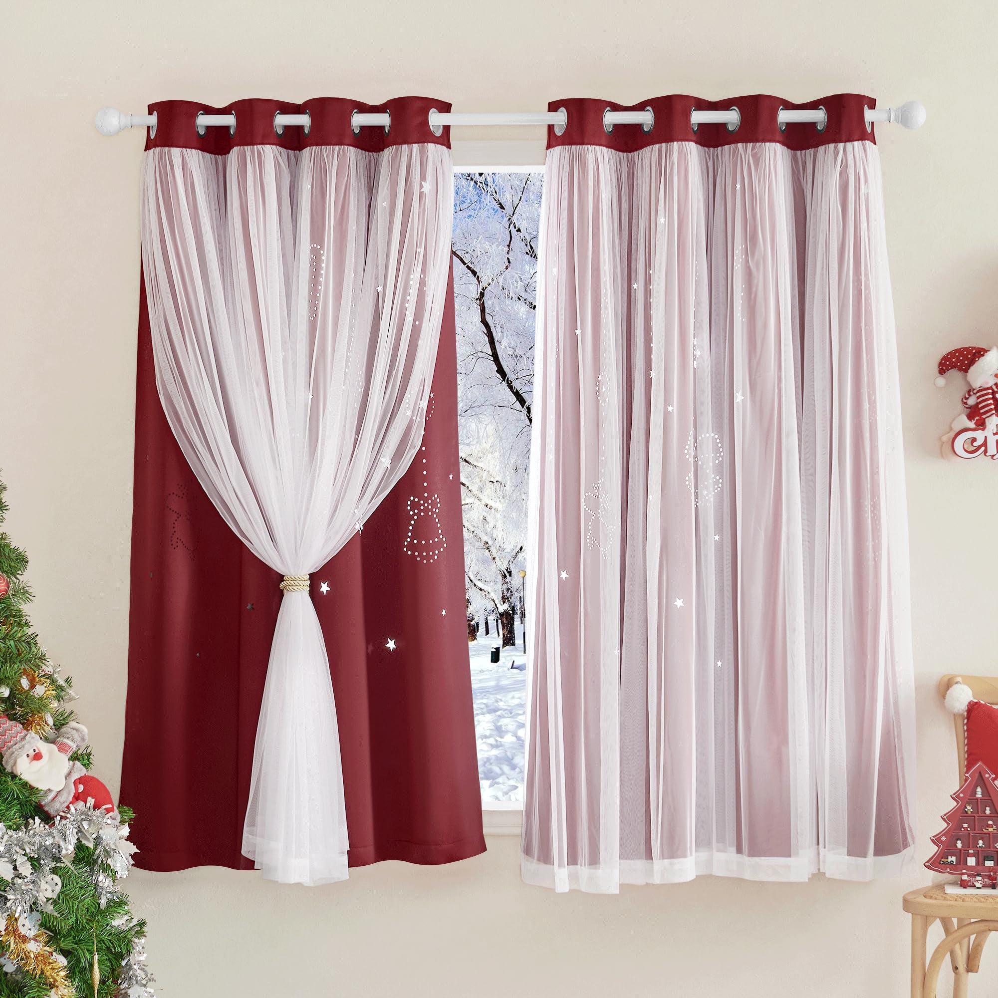 NICETOWN Nursery Blackout Curtains for Present, Thermal Insulated Grommet Sheer Overly, ElK Bell Hollow-Out Double Layer Curtains for Living Room Bedroom, 52" x 63", 1 Pair, Red