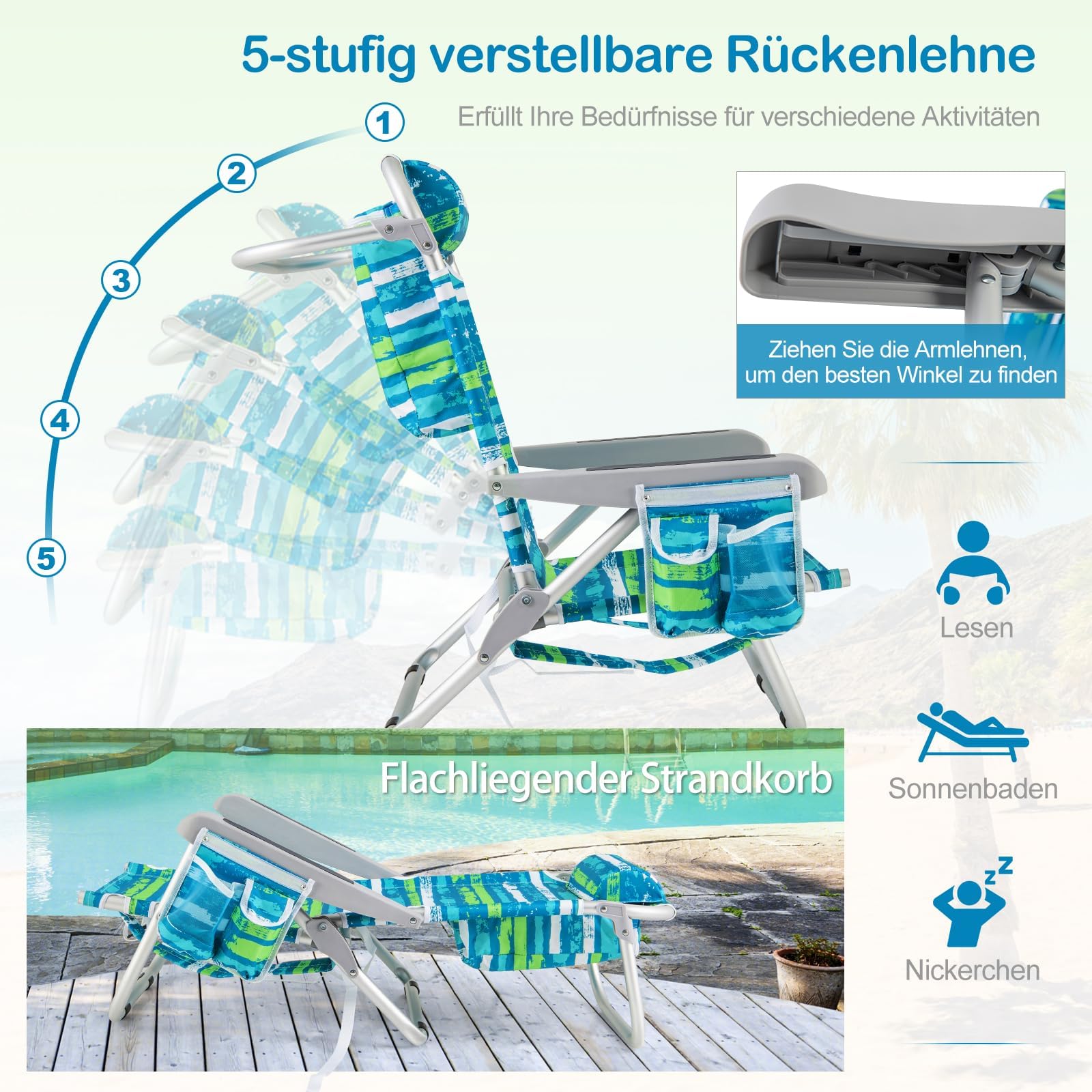 FANTASK Strandstuhl klappbar leicht, Campingstuhl mit Verstellbarer Rückenlehne, Kopfstütze, Seitentaschen, Schultergurten, Handtuchhalter & Armlehnen, Klappstuhl, Outdoor-Stuhl (Blau + Grün)