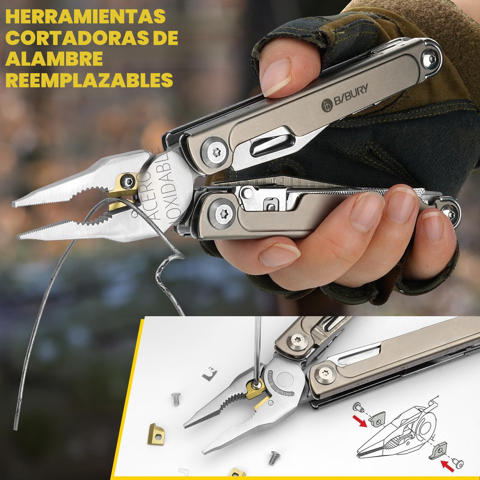 BIBURY Multiherramienta Titanio y Acero Damasco - Alicates Multiusos con Navaja Supervivencia, Tijeras, Sierra Intercambiable y Puntas - EDC Multitool para Camping, Reparar y Regalo Hombre BI2049TI
