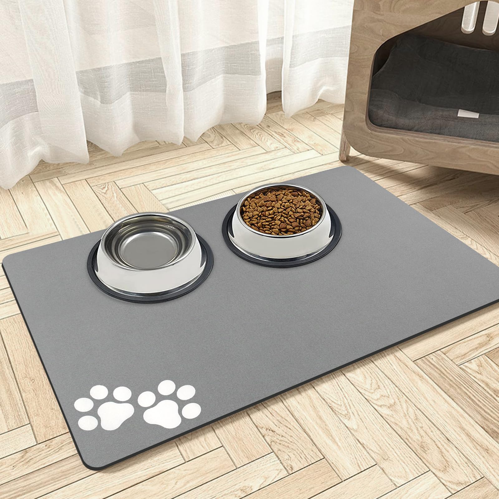 Mavicen Pet Feeding Mat, 40 * 60cm Absorbent Dog Water Bowl Mat, Personalised Dog Food Mats for Floors, Non Slip Feeding Bowl Matt, Pet-friendly Placemat for Dogs Cats, Light Grey (Paw Pattern) — image 1