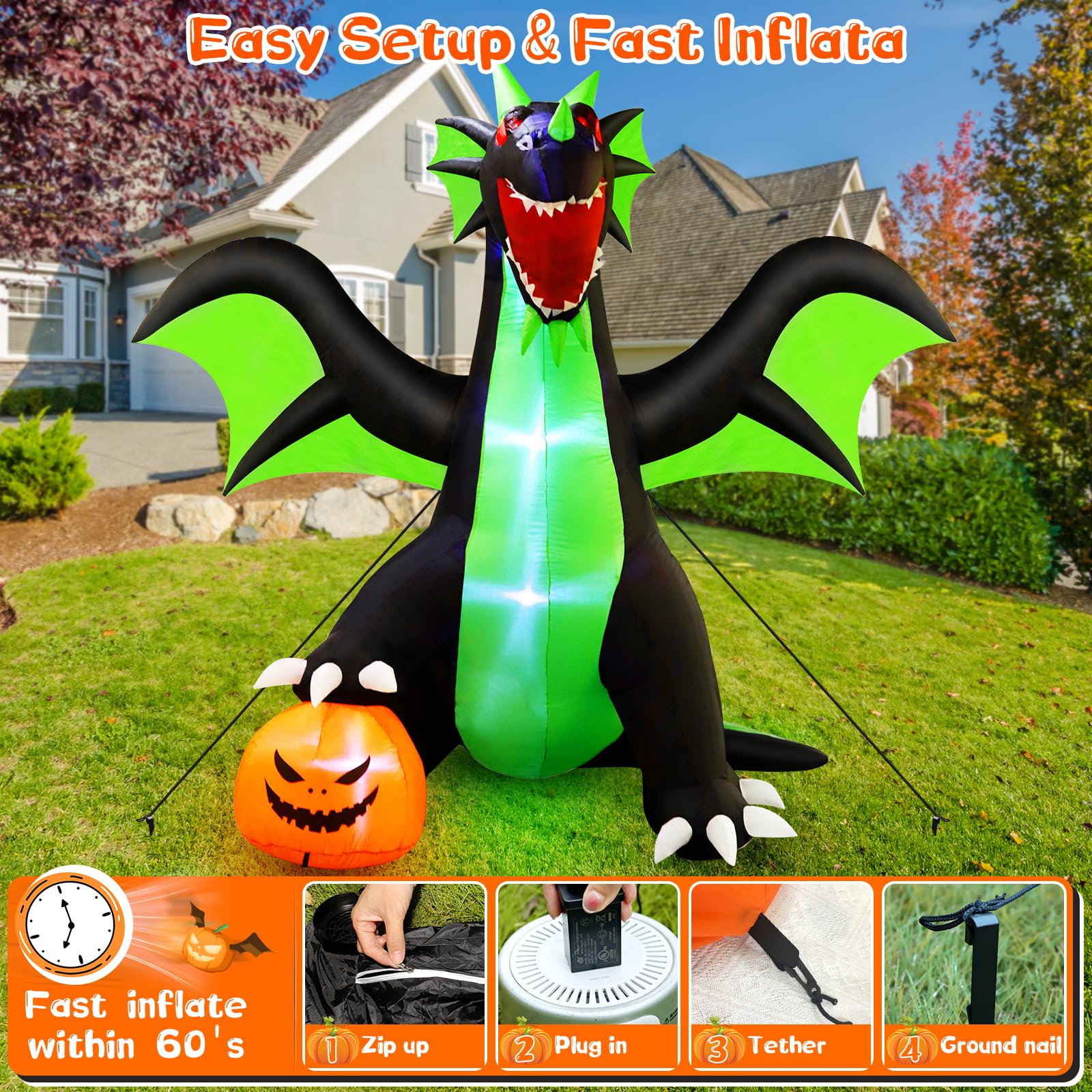 LED Light Up Inflatable 9FT Giant Inflatable Dragon Halloween Decor - LED  Light Up Outdoor Yard Decoration With Wings Halloween Inflatable