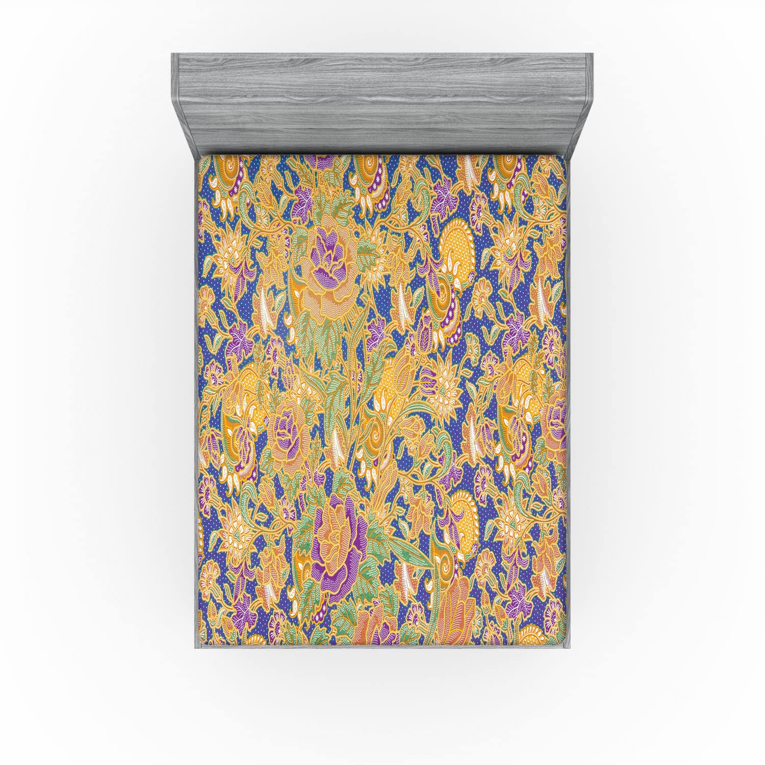 Ambesonne East 2 Pack Fitted Sheet, Graphic Indonesian Batik, Bed Cover All-Round Elastic Deep Pockets 2 Pieces, Package Contains 2 Queen Size Fitted Sheets, Marigold