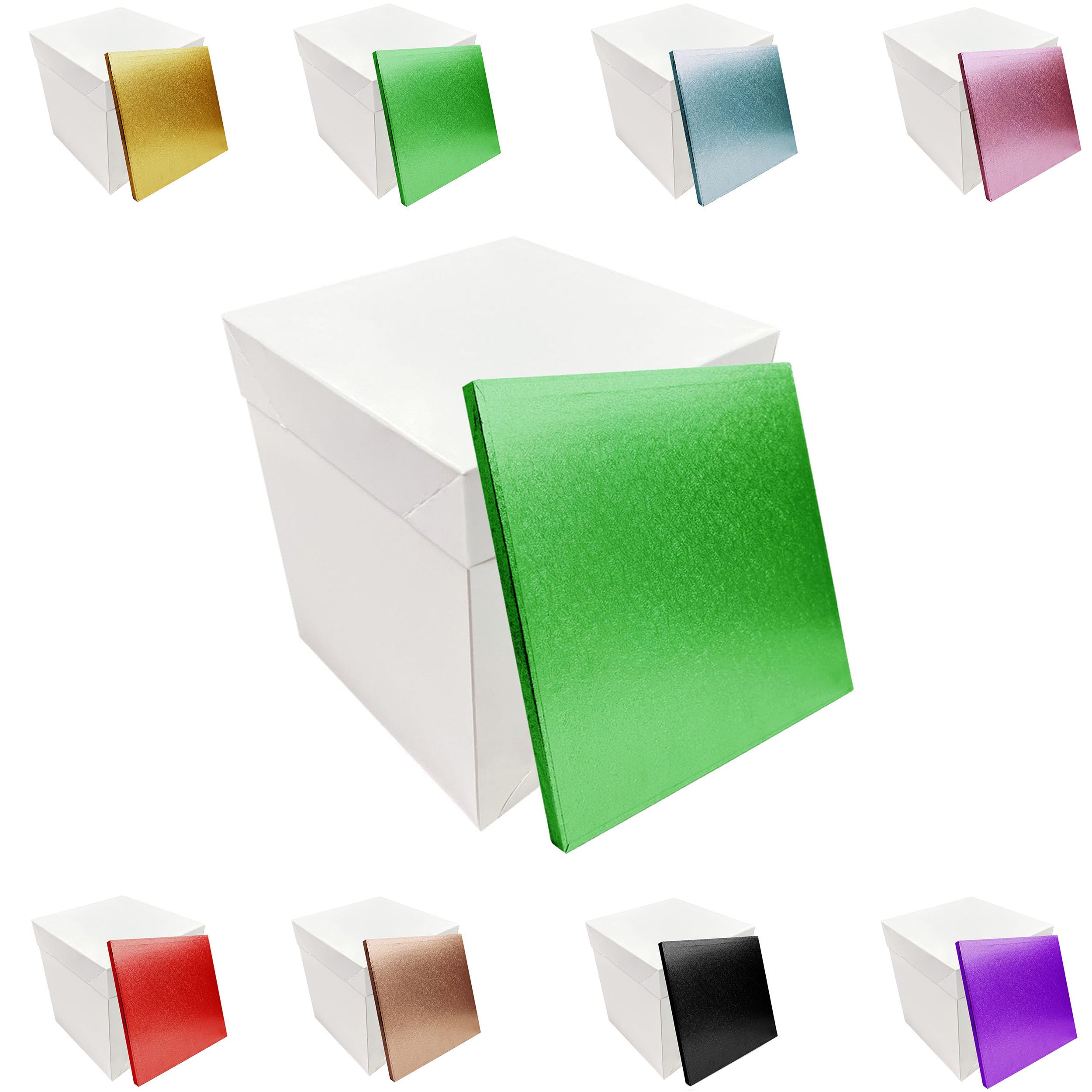 LARRYROO Tall White Extra Deep Cake Box + Lid & Square Colour Cake Drum Board Combo Pack for High Celebration, Wedding, Birthday Cakes (Green, 12 Inch)