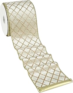 MAYREEL 4 Inch Ivory and Gold Velvet Wired Ribbon Metallic Diamond Glitt...