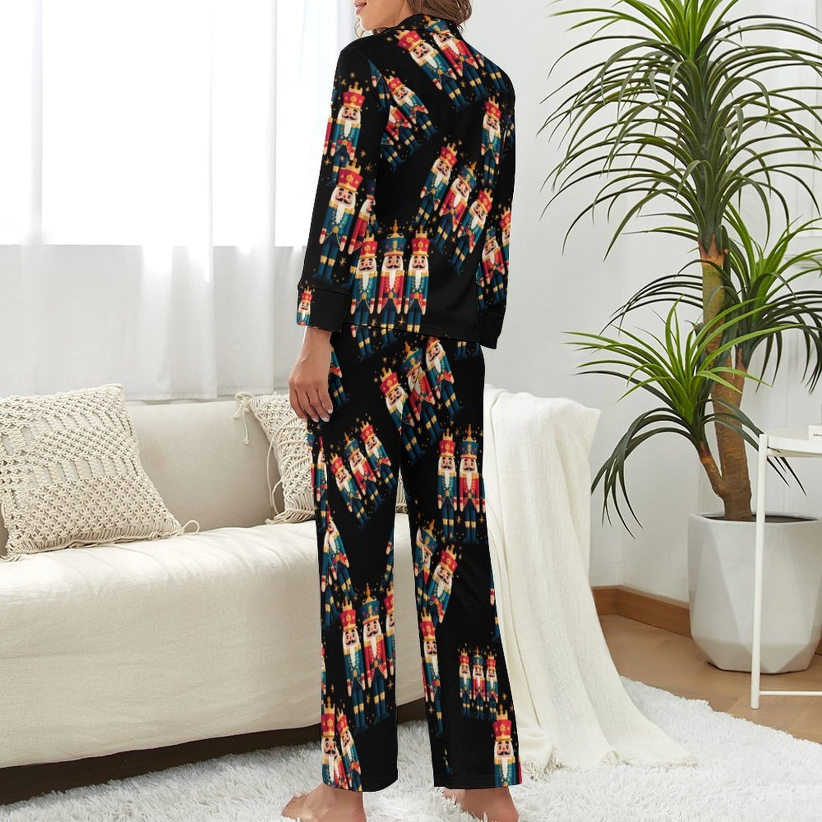 Three Nutcracker - Conjunto de pijama vintage para mujer, cuello en V, manga larga, pantalones y pantalones cómodos, ropa de dormir suave