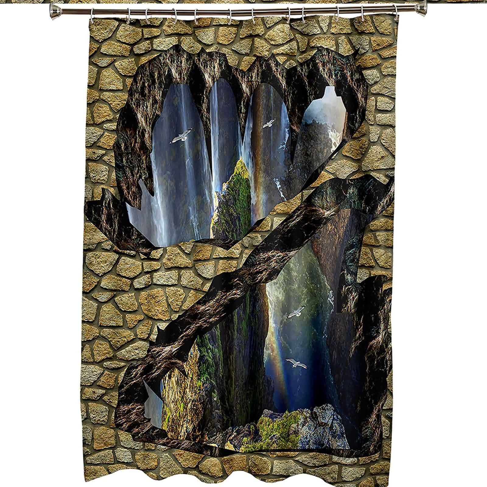 KnSam Duschvorhang Textil, Bad Vorhang 3D Berge Katarakt Muster, Polyester Textil Stoff Badvorhang mit Duschvorhangringen, Braun Bunt, 180x200cm