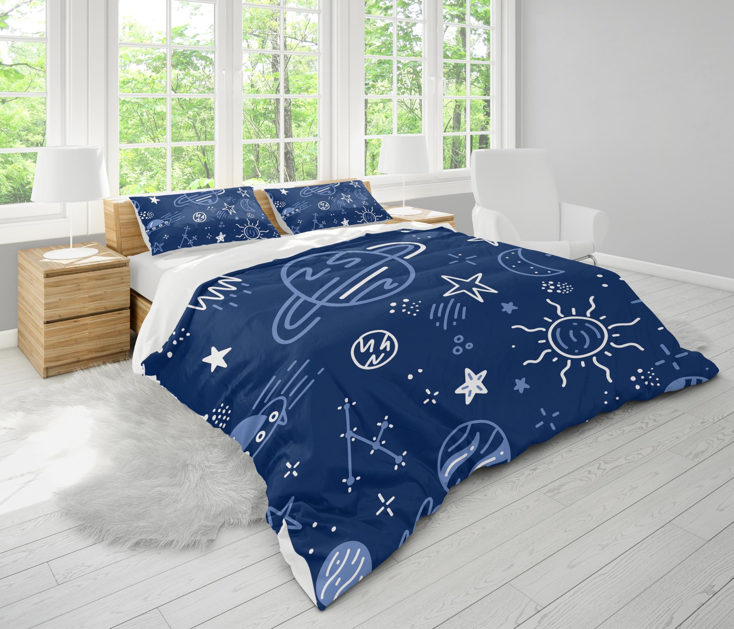 Juego de cama de luna y estrella, juego de cama azul de 3 piezas, lindo edredón de galaxia espacial para niños, niñas, ropa de cama decorativa de 3 piezas, 200x200cm -50x75cm*2