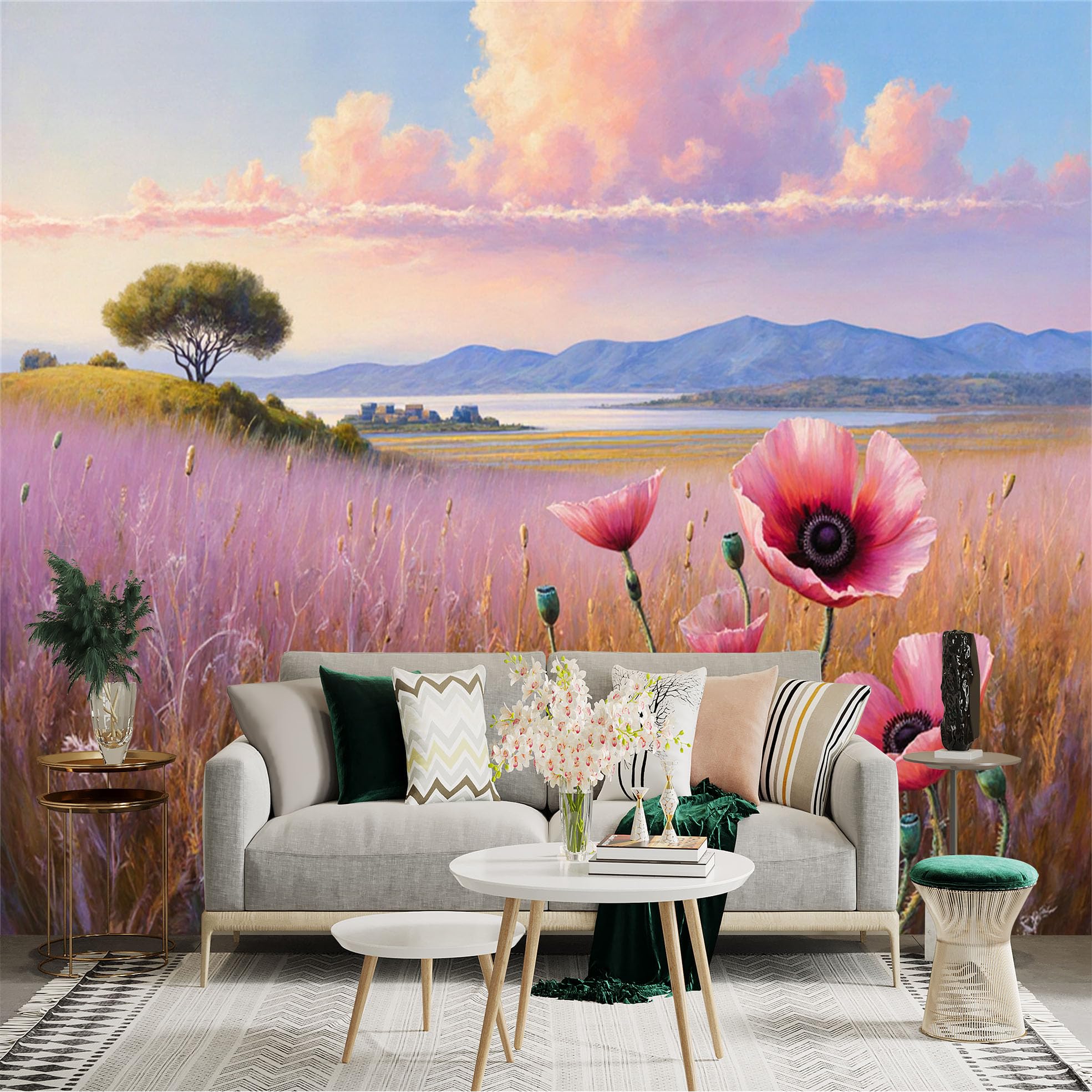 Custom Size Wall Sticker Mural， Pink Wildflowers Field with Tree， Lake and Mountain Landscape Under Sunset Sky， for wall Decoration， peelandstick wall Decals.