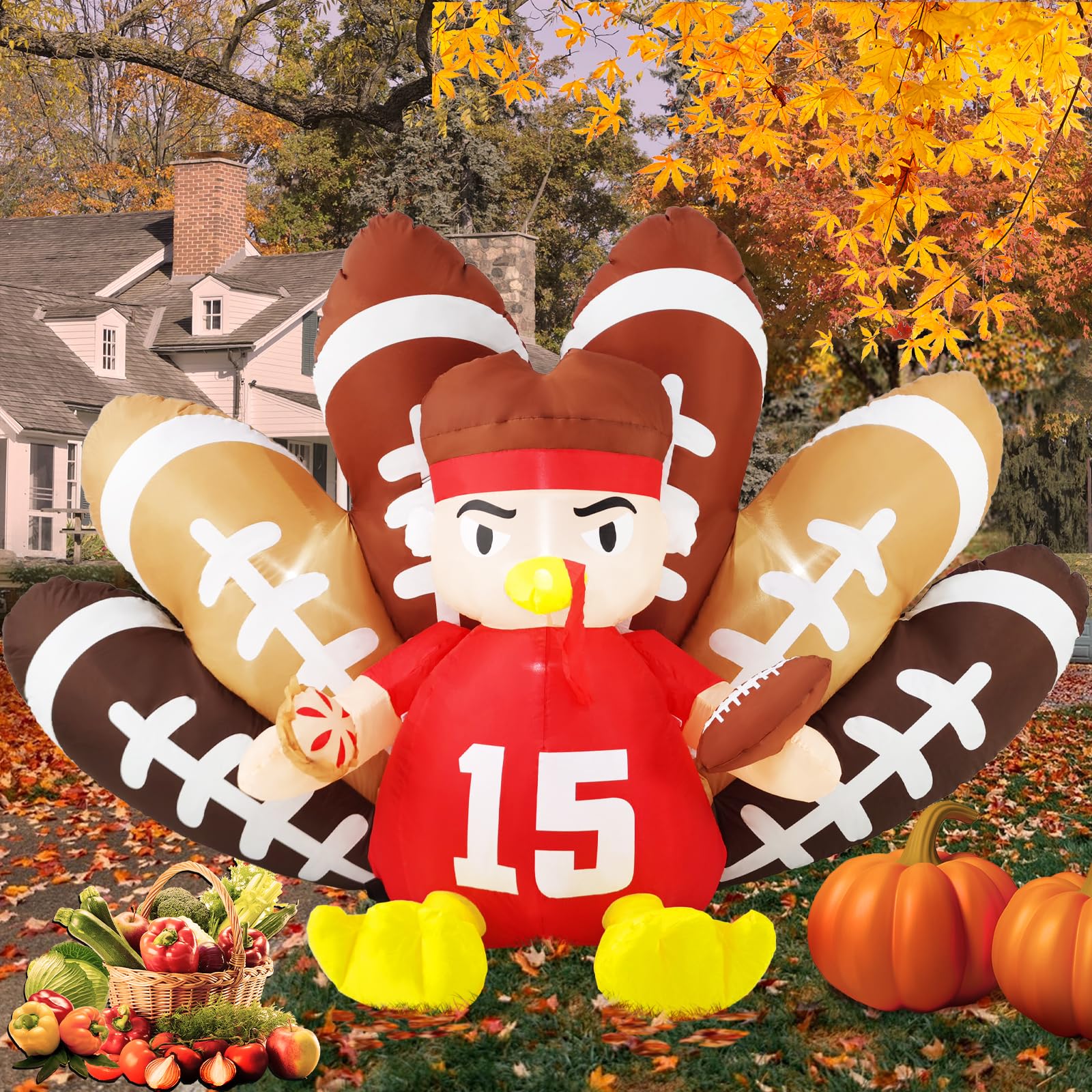 Gardwin 8ft Long Football Party Decorations Blow up Turkey No.15, Thanksgiving Football Turkey Inflatable,Football Mascot Inflatables with Built-in LED Lights for Outdoor Garden Lawn Decor