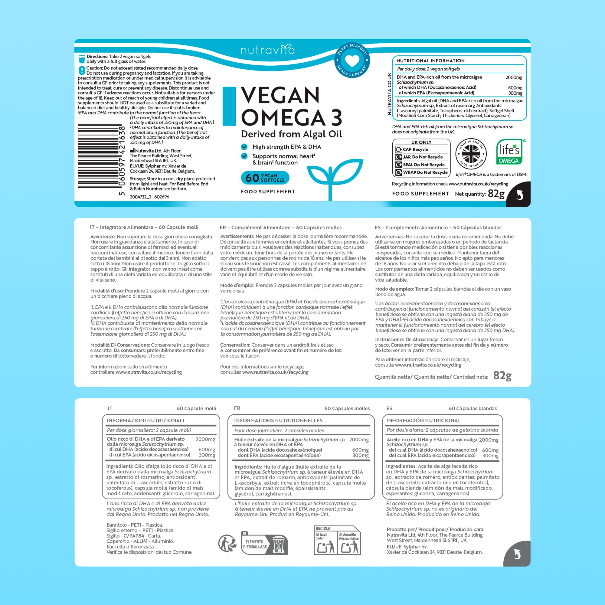 Nutravita Gélules molles Vegan d'Oméga 3 haute résistance 2000 mg - 600 mg de DHA et 300 mg d'EPA par portion - Gélules molles d'Oméga 3 à base de plantes dérivées d'huile d'algue durable