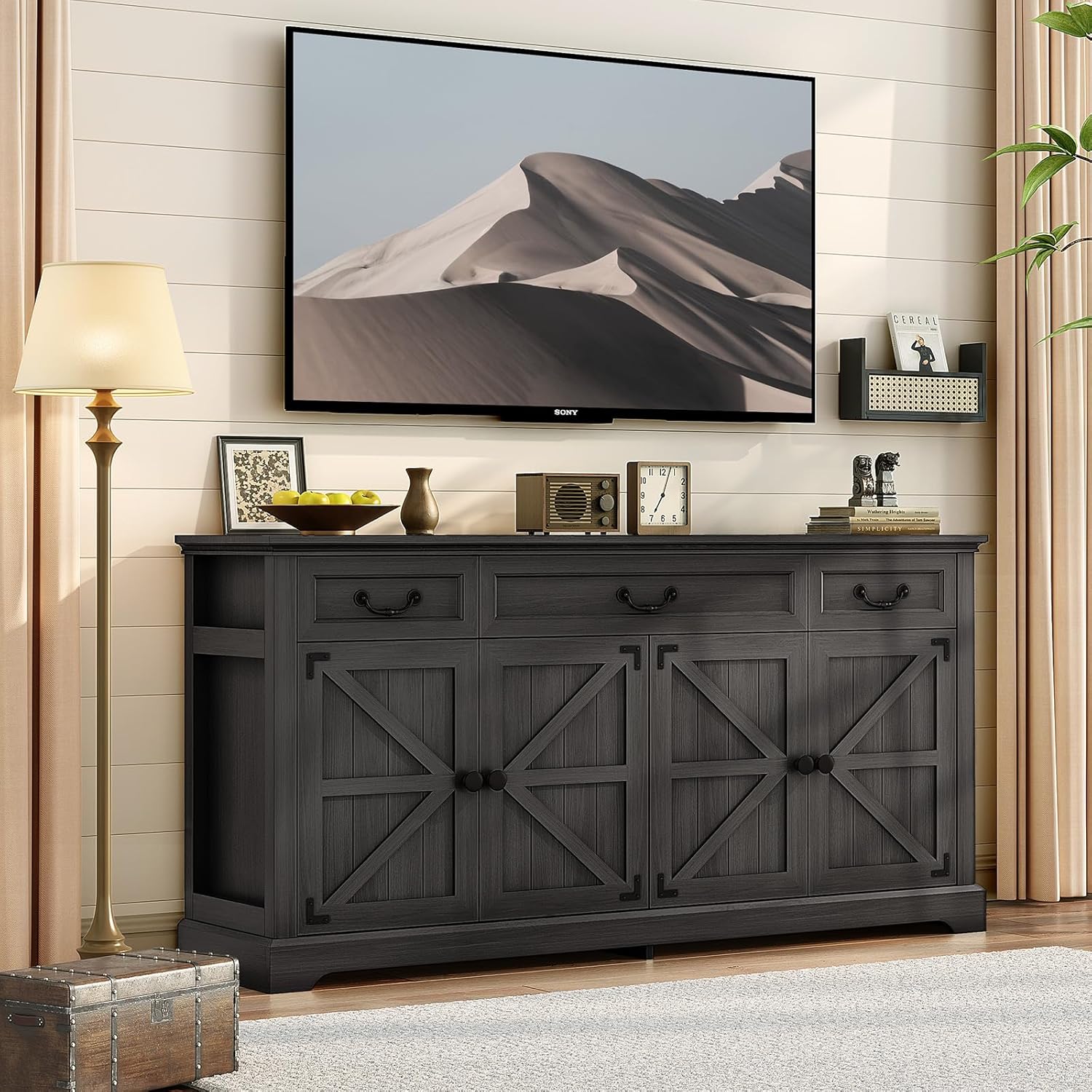 Sunny Heart 65" Large Buffet Storage Cabinet, Farmhouse Kitchen Sideboard Buffet with 3 Drawers and 4 Doors, Coffee Bar Wine Bar Cabinet with Storage for Living Room Kitchen, Black