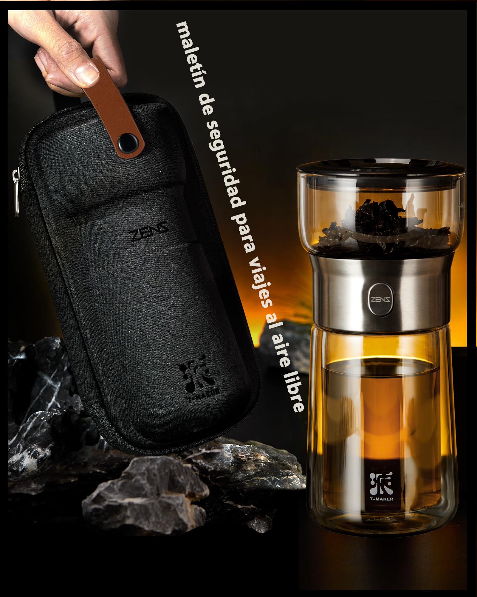 ZENS Tetera de cristal con Infusor, mágico con un solo toque drain tetera para té en,teapots con filtro con taza de doble pared y Negro estuche portátil para los amantes del té.