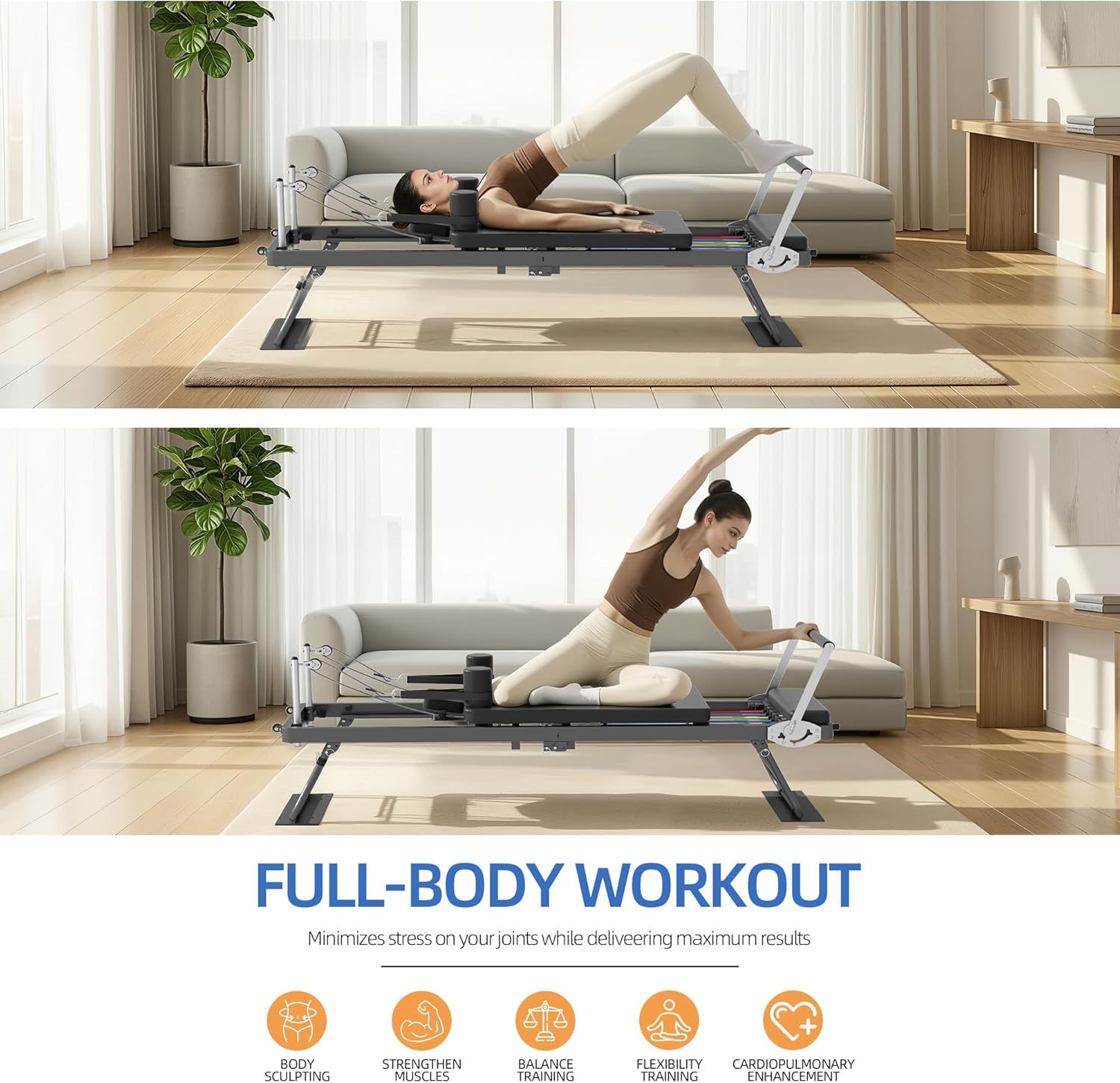 Foldable Pilates Reformer for Home Use – Pilates Reformer Machine with Multi-Color Adjustable Resistance Bands, Space-Saving Reformer for Core Strength & Full Body Workout