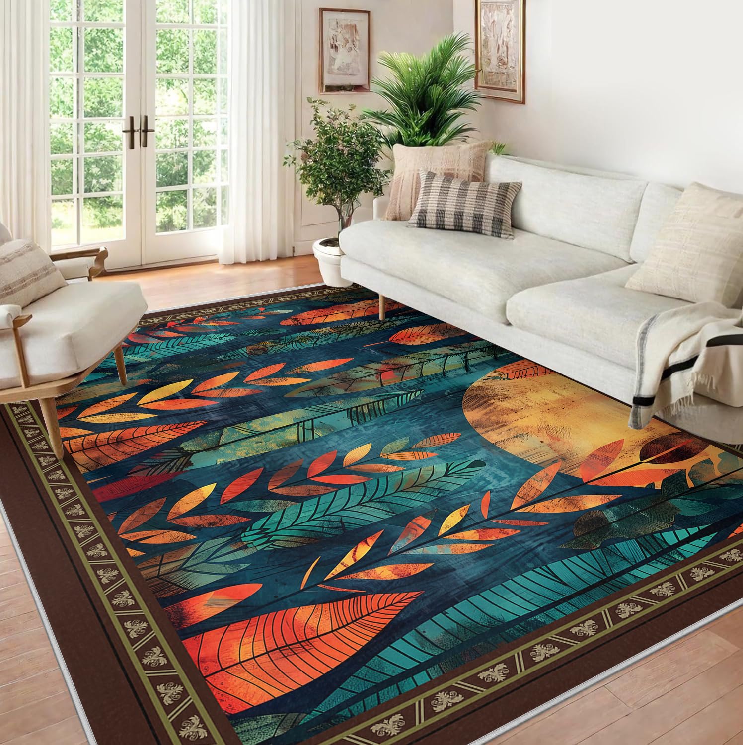Nadający się do prania dywan 200 x 300 cm, do salonu, antypoślizgowy, z niskim runem, do sypialni, w kształcie liści tropikalnych, jadalni, pod stołem, abstrakcyjny styl boho, miękki, nie spadający
