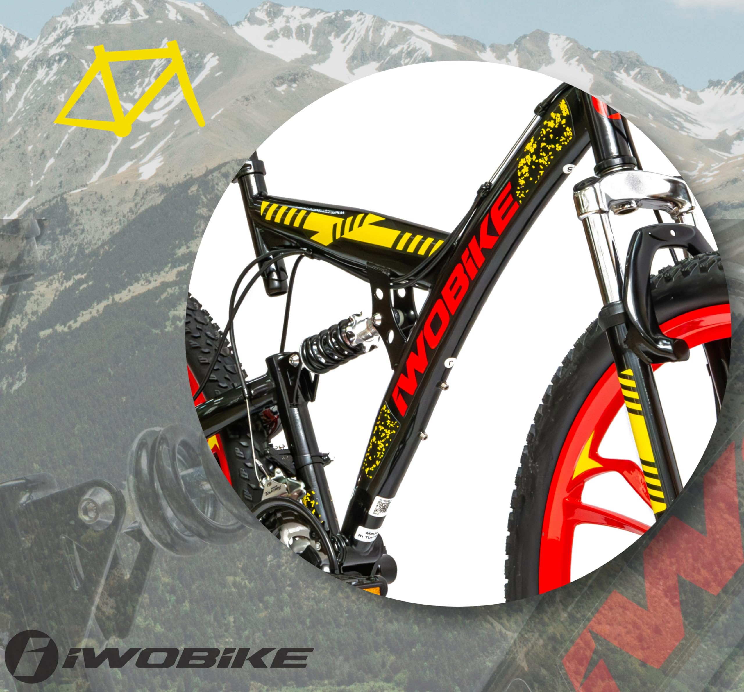 Rower Górski MTB, 26 Cali, Czarny Połysk z Czerwono-Żółtymi | Rower Górski MTB, 26 Cali, Czarny Połysk z Czerwono-Żółtymi Akcentami, Unisex, 21 Biegów, Rama Stalowa 47cm, Amortyzacja Prze