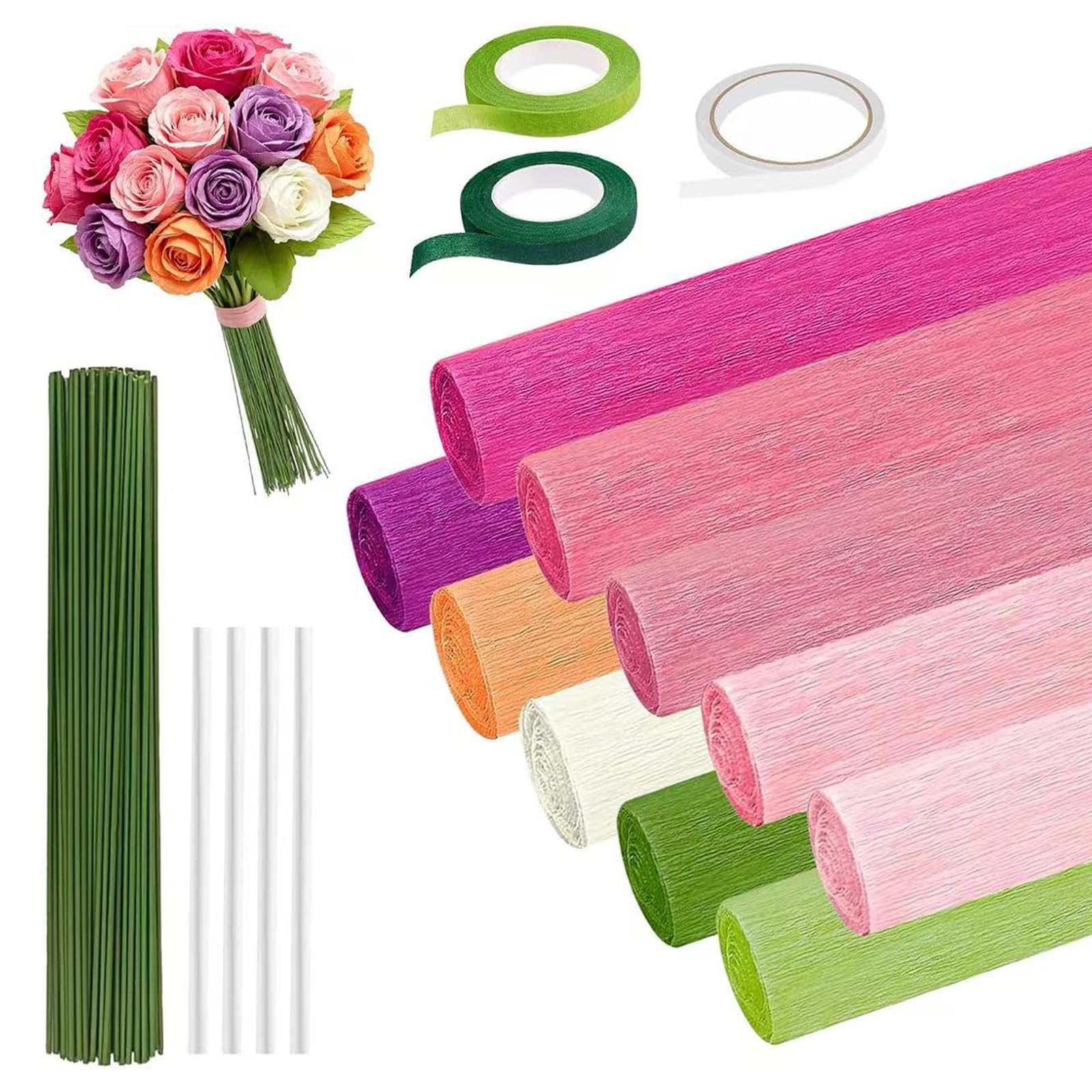 carotoe 10 Rolls Crepe Paper for Hand Craft Flowers with Wire and Floral Making Set for Flowers Floral Arrangements Paper Flower Making Set