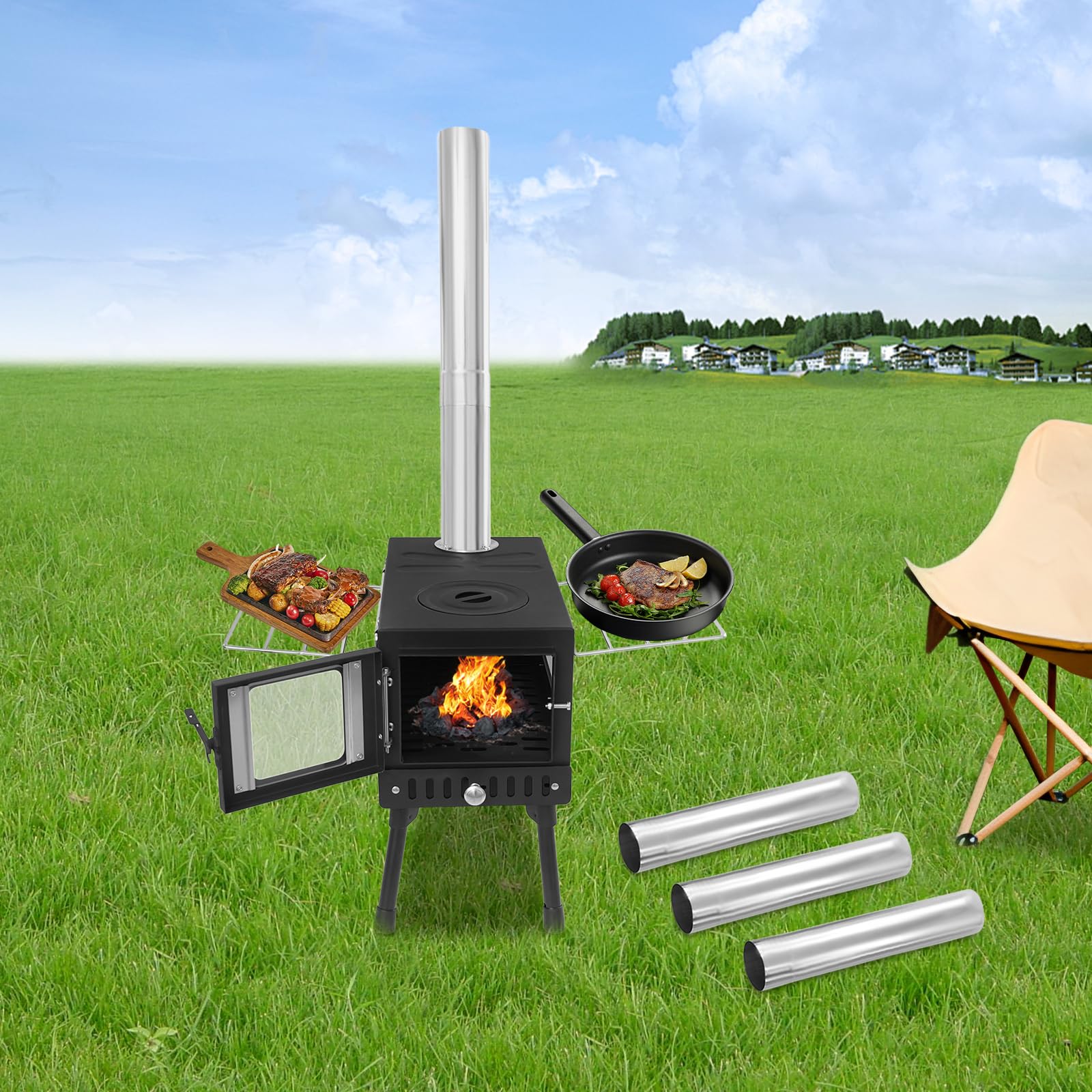 Réchaud de camping portable avec 5 tuyaux de cheminée, porte en verre transparent et clapet de fumée réglable, poêle à bois pliable pour camping et extérieur