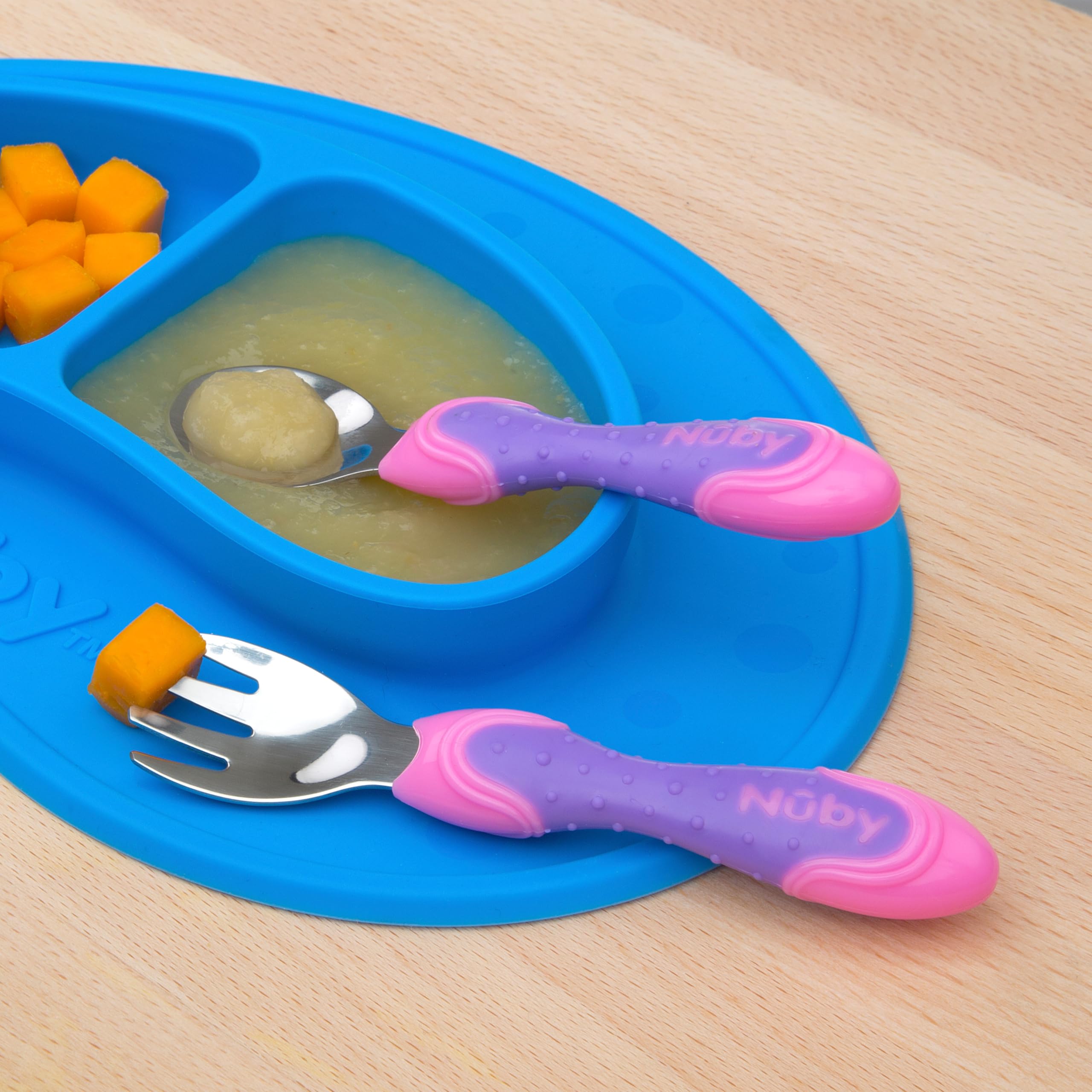 Nuby - Utensili in acciaio INOX, 2 pezzi, colore: Rosa/Viola