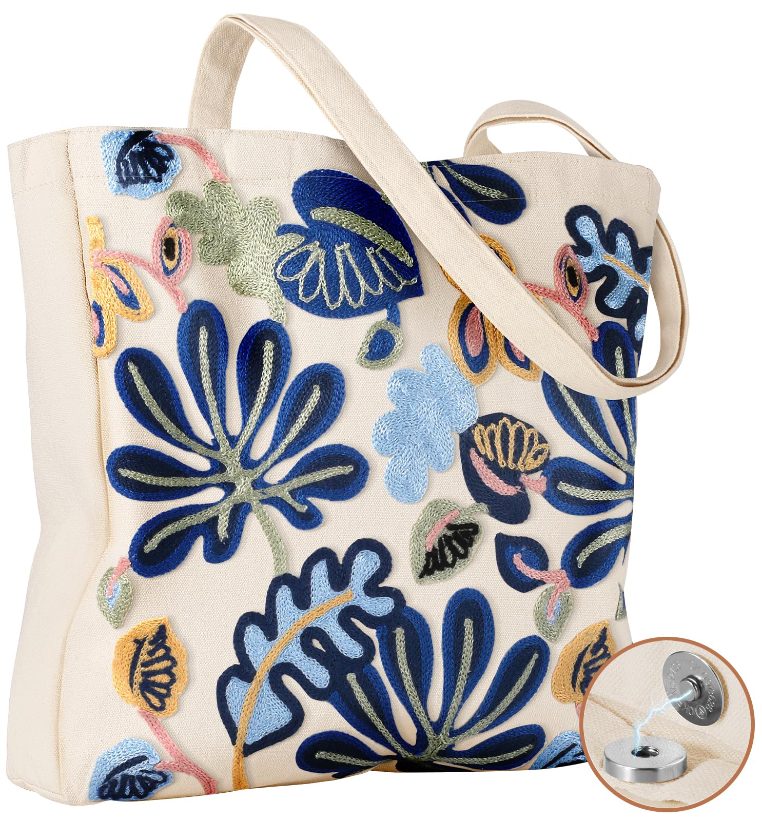 Miss Adola Aesthetic Embroidery Tote Bag for Women - Reusable Canvas Cute Shoulder Bag for Shopping, Grocery, Work, Book