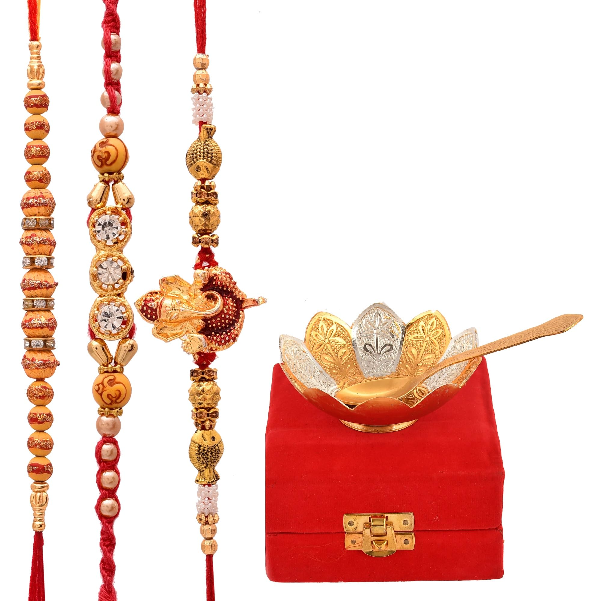 Rakhi for Brother | Rakhi Combo | Rakhi Set | Rakhi | Designer Rakhi | Set of 3 Rakhi | Roli Chawal | Blessing Card and | Brass Bowl with Velvet Box Set-image-10