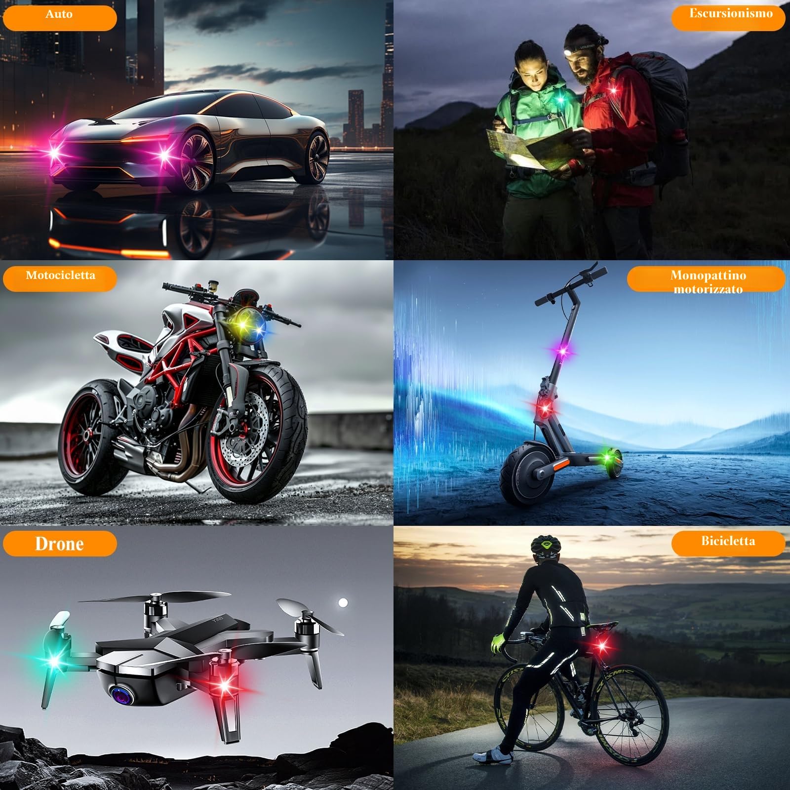8 Pezzi Luci a LED Senza Fili, Luci Led Moto 8 Colori con Telecomando, Ricarica USB, Impermeabile IP65