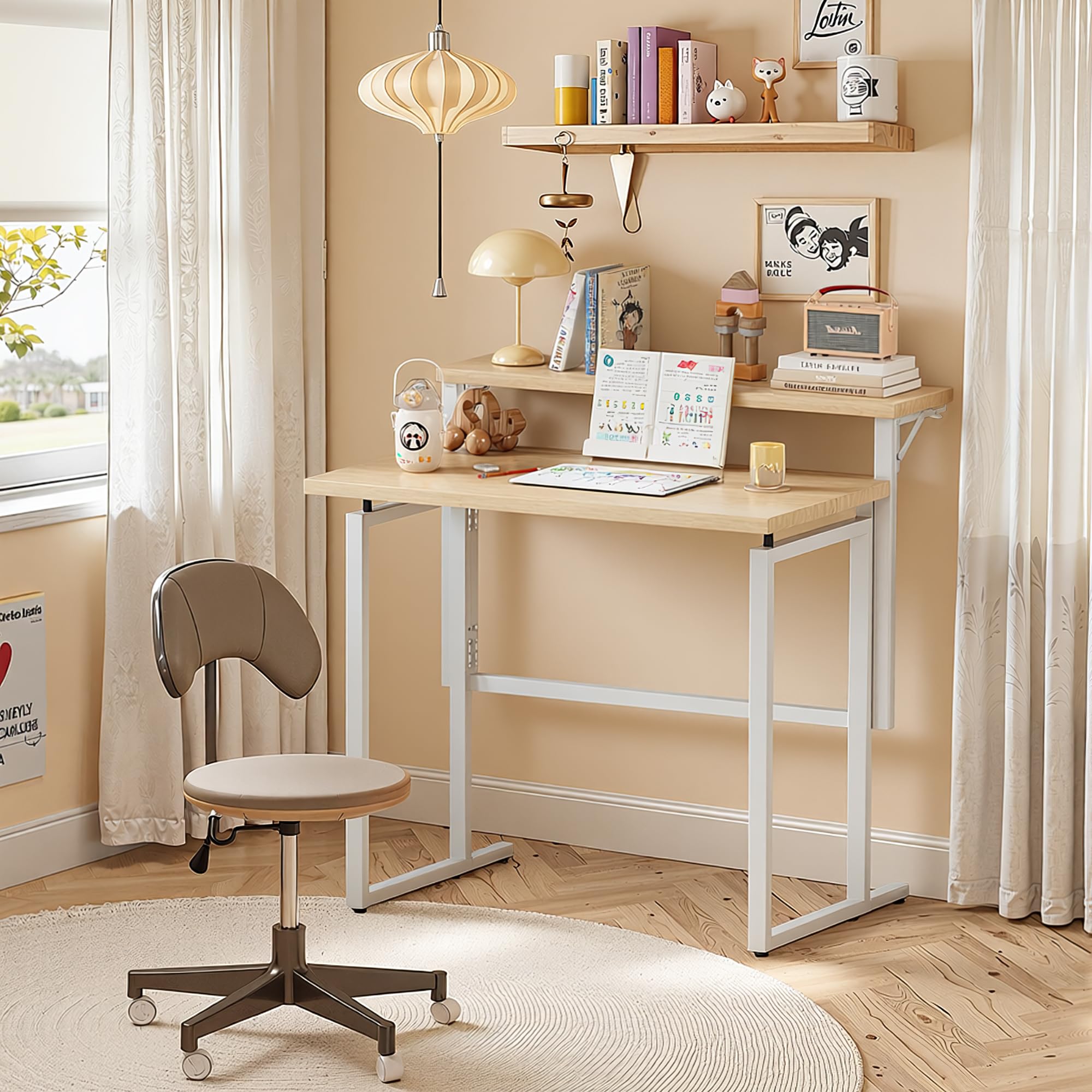 JUMMICO Bureau Pliable 80x62cm, avec Étagère Moniteur, Gain de Place, Beige | Idéal Petits Espaces, Structure Métal Stable, Montage Facile sans Outils, Parfait pour Étudiants & Télétravail