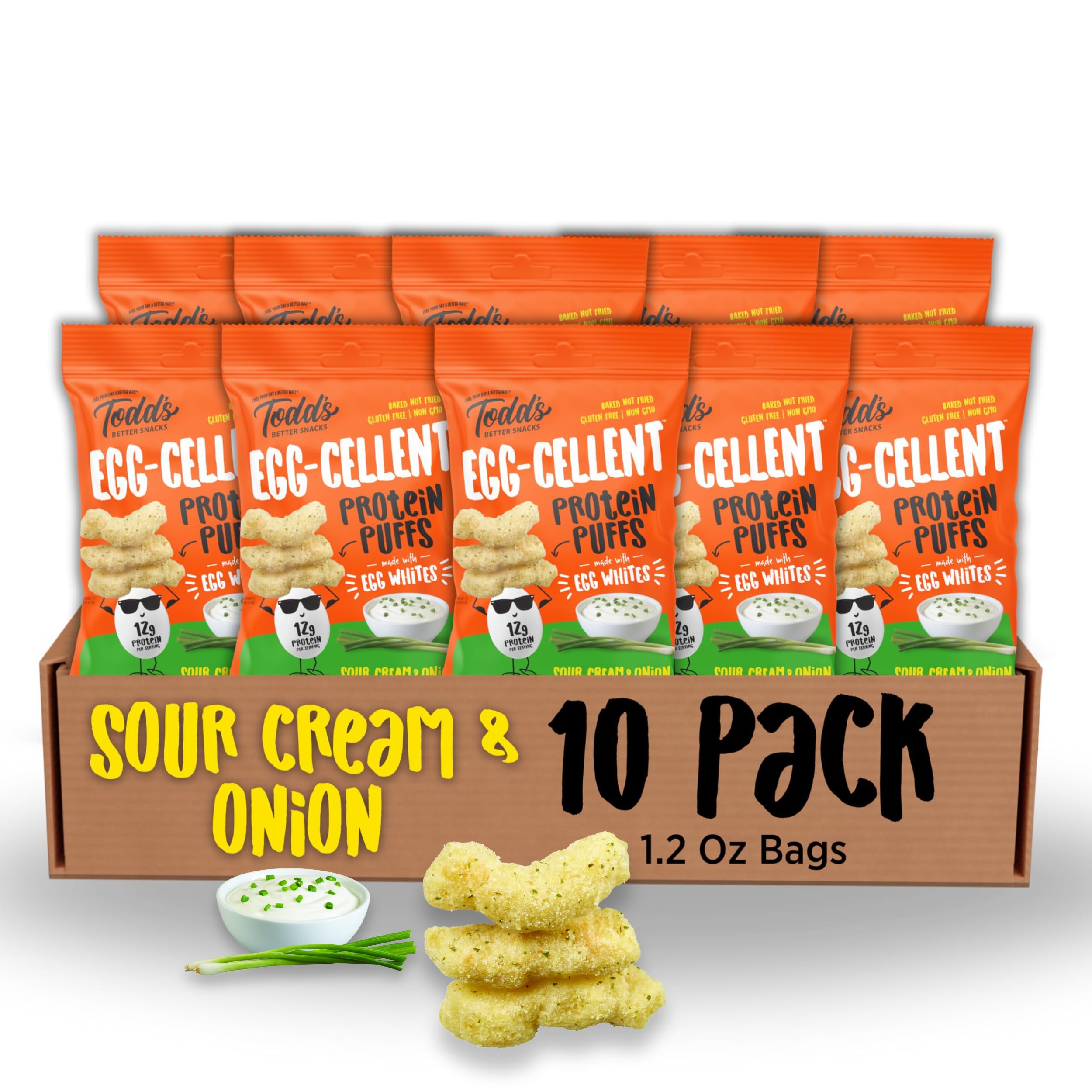 Todd's Better Snacks Egg-Cellent Protein Puffs - 12g Protein, Gluten-Free, Paleo-Friendly - Sour Cream & Onion Snack, He