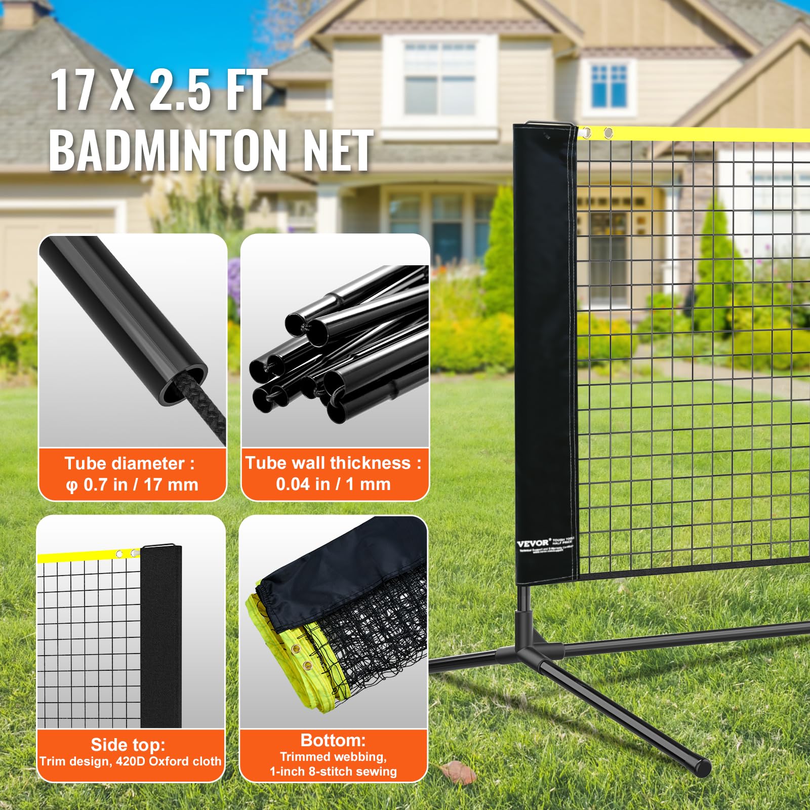 VEVOR Filet de Badminton, 5,1 m, Filet Pliable de Volley-Ball réglable en Hauteur, Filet de Tennis Portable avec poteaux, Support et Sac de Transport, pour Les Jeux intérieur et extérieur de l'enfant