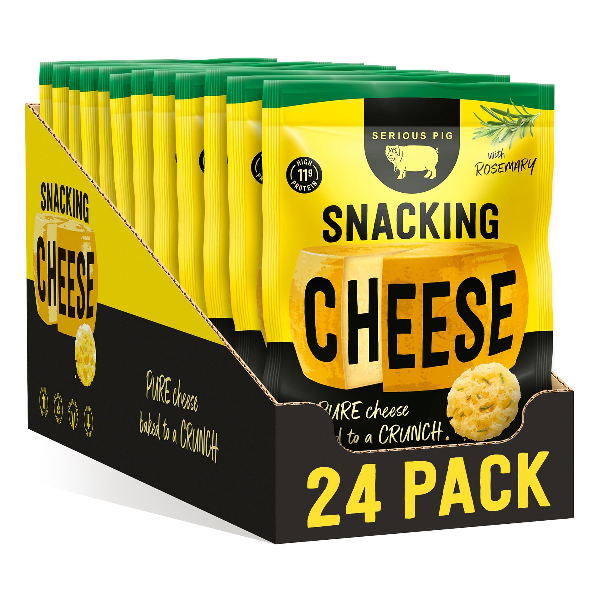 SERIOUS PIG - Crunchy Snacking Cheese Snacks, Keto Friendly, High Protein, Low Carb, Gluten Free, Vegetarian, Pub Snacks, Made from 100% Real Italian Cheese (Rosemary) (24 x 24g)