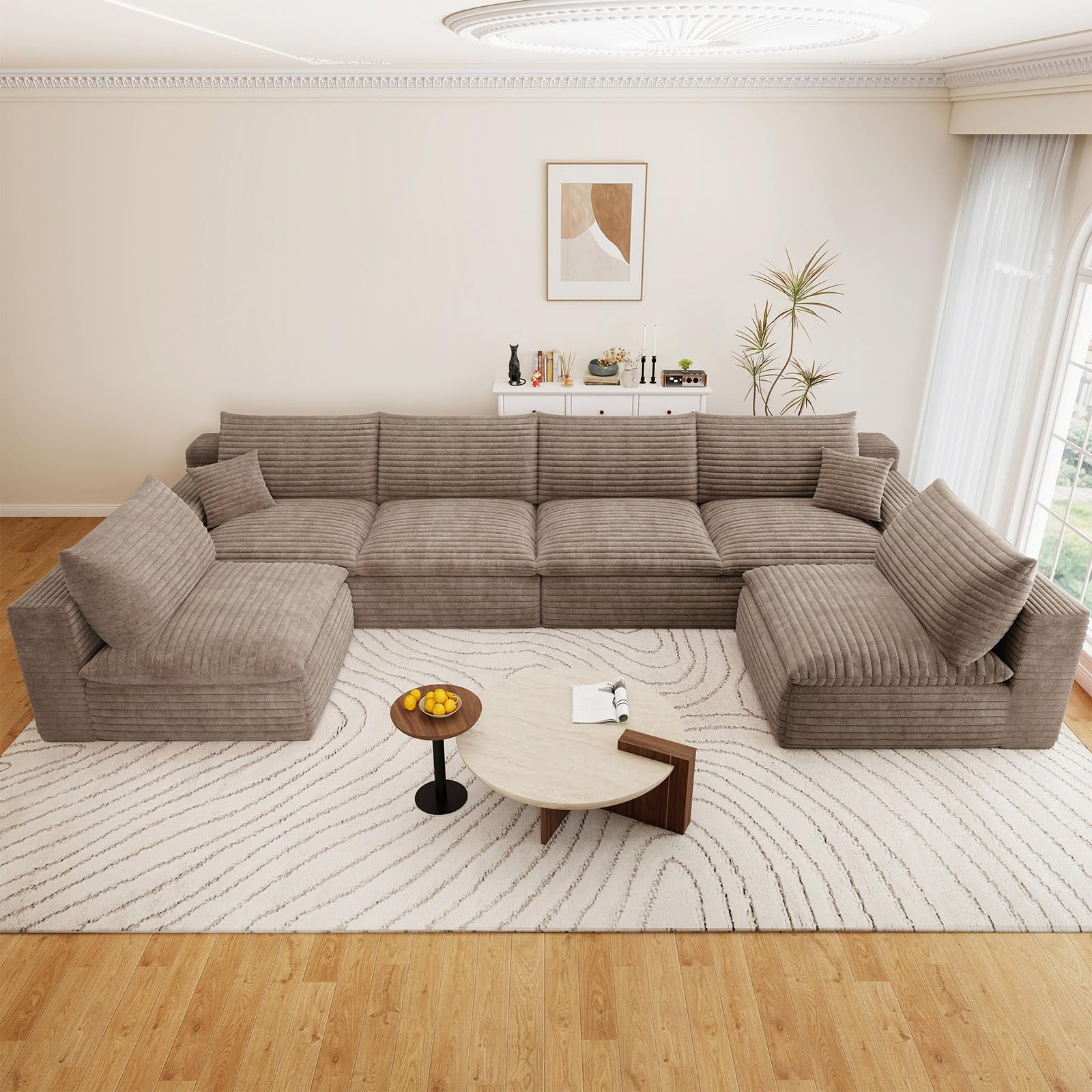 136" Cloud Couch Modular Sectional Sofa for Living Room, U-Shape Boneless Couch with Deep Seat, Modern Corduroy 6-Seater, No Assembly Required, Camel