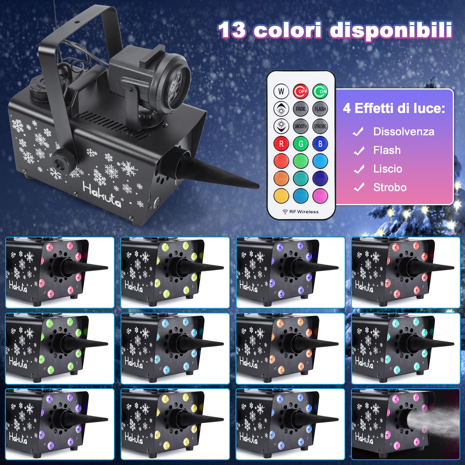 HAKUTA Macchina della neve 800W aggiornata con 8 luci LED RGB, proiezione LED e 2 telecomandi wireless, perfetta per Natale, Halloween, feste, matrimoni e DJ Stage