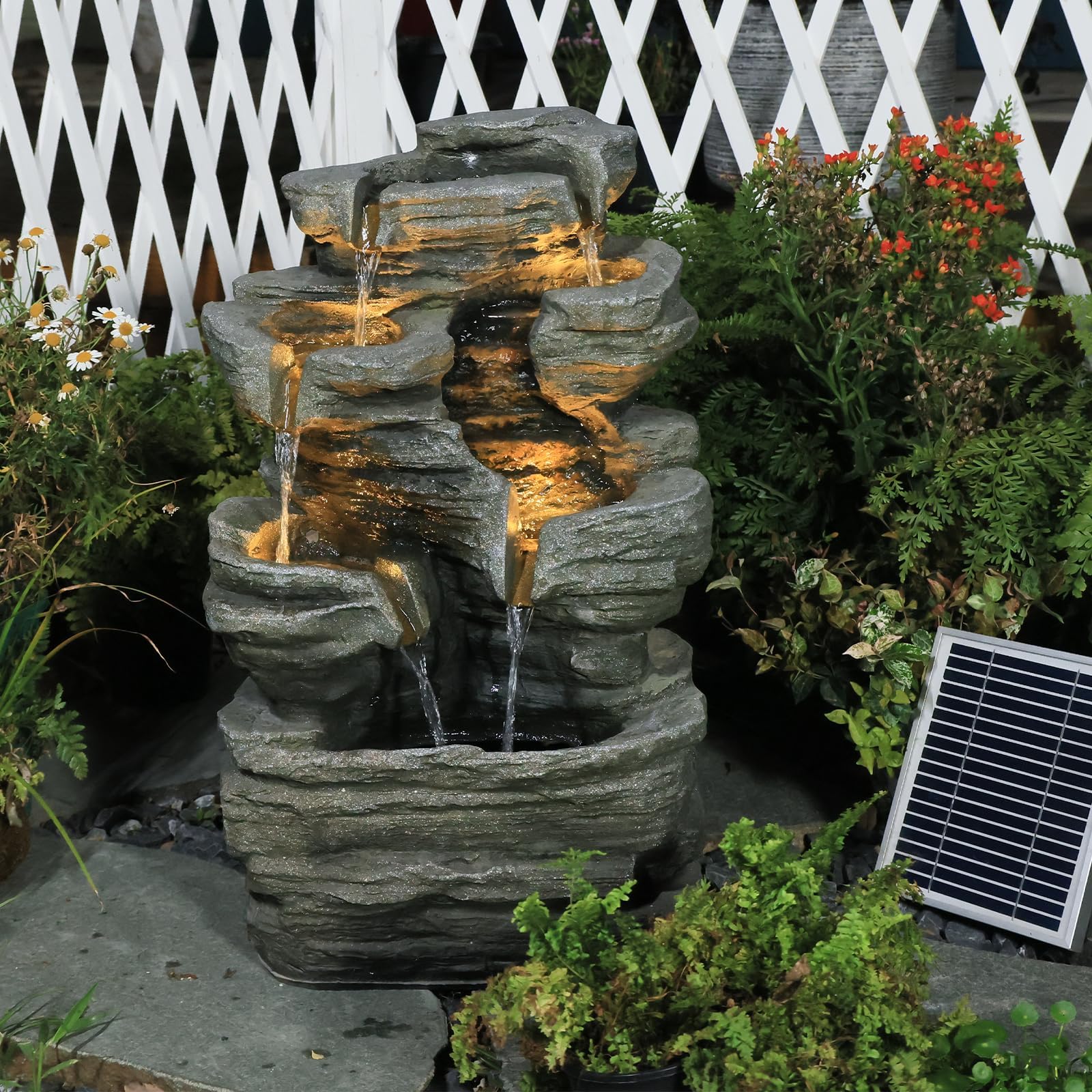 Bumilgar Solargetriebener 6-stufiger Kaskadenbrunnen mit LED-Beleuchtung, inkl. Pumpe & Solarpanel | 62 cm hoch, Steingrau für Terrasse, Balkon, Vorgarten | Natursteinoptik-Wasserfall, Außendeko