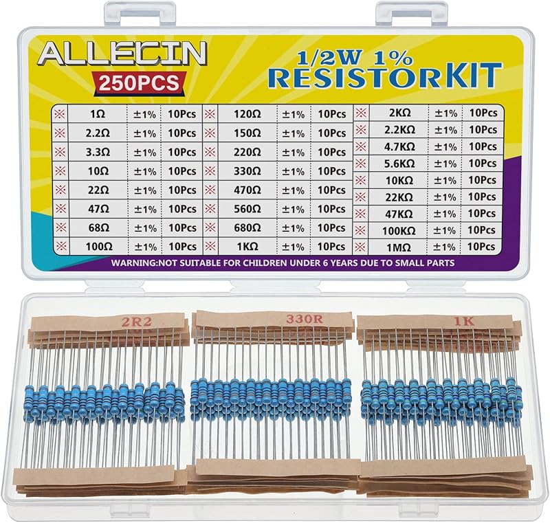 25 Values 1/2W Resistor Kit from 1 Ohm to 1M Ohm 1/2 Watt 1% Metal Film Resistors Assortment