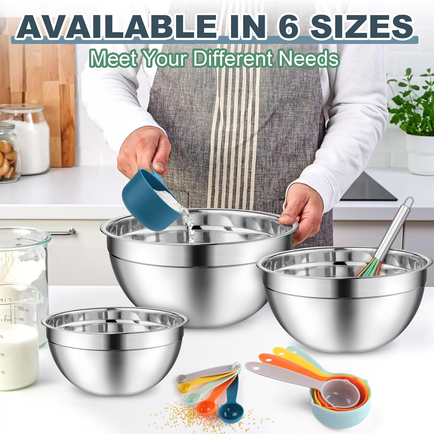 Vesteel 6-Piece Mixing Bowl Set, Stainless Steel Nesting Salad Bowls for Kitchen Mixing Baking Meal Prepping, Size 4.6, 2.6, 2, 1.5, 1QT, Dishwasher Safe