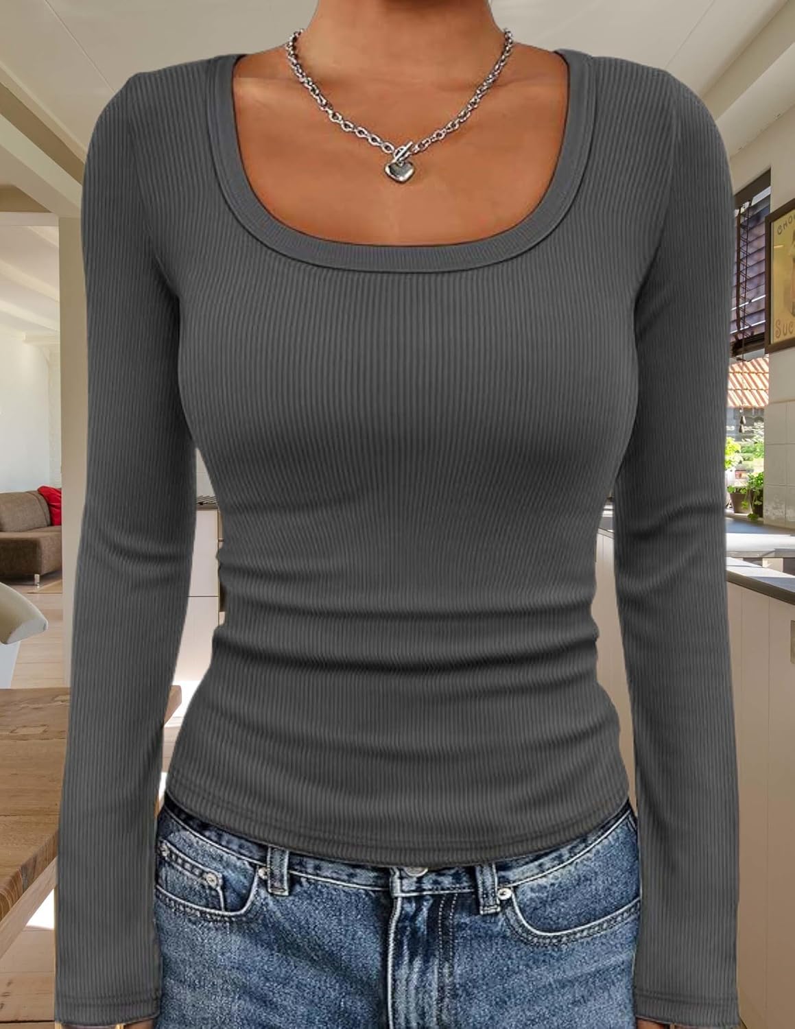 LIZALIG Womens Shirts Long Sleeve Crop Tops Fall Fashion Square Neck Going Out Basics Tees Y2k Clothes - Image 4