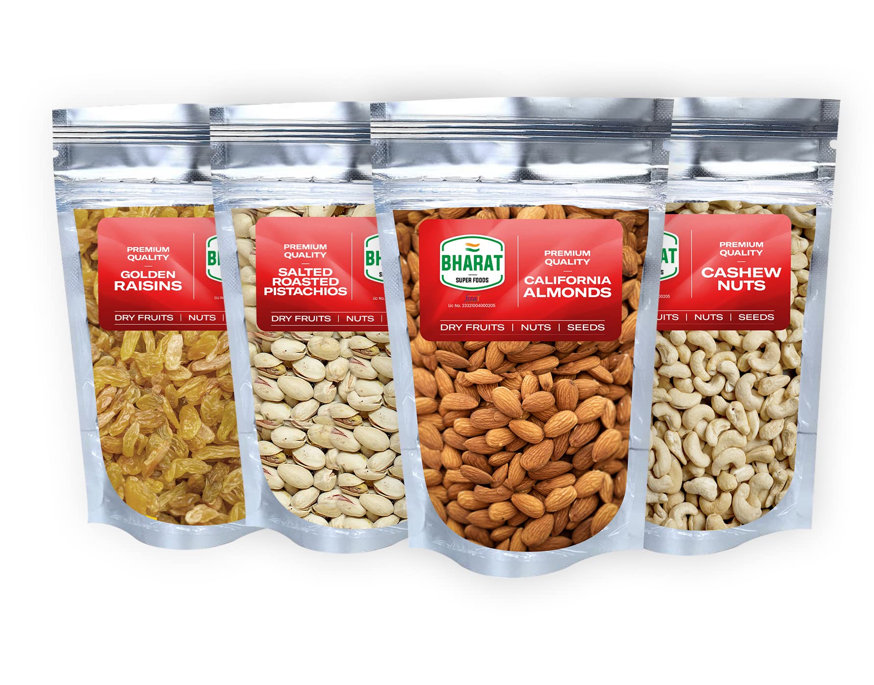 Bharat Super Foods Premium Dry Fruits Combo Pack of 4, California Almonds, Cashew Nuts W320, Golden Raisins, Roasted Pistachios (4 x 100gm Each) (400gm)