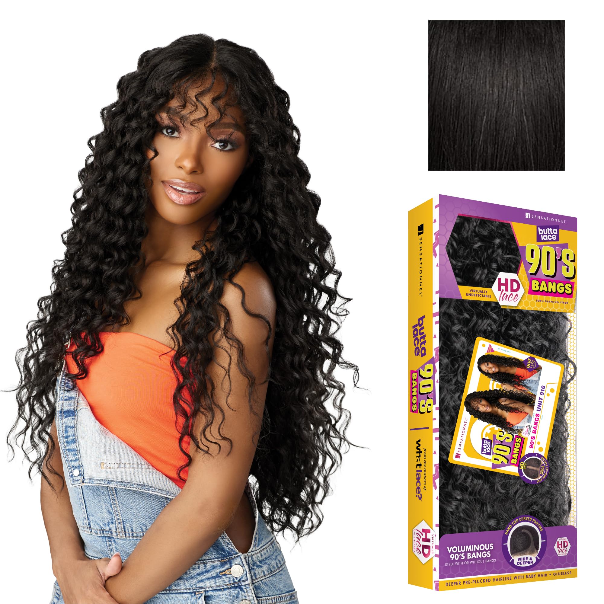 Sensationnel Butta Lace 90Sbangs Wigs - Unit 916 Glueless Wide Deep Center Part Synthetic Preplucked Hairline (1B OFFBLACK)