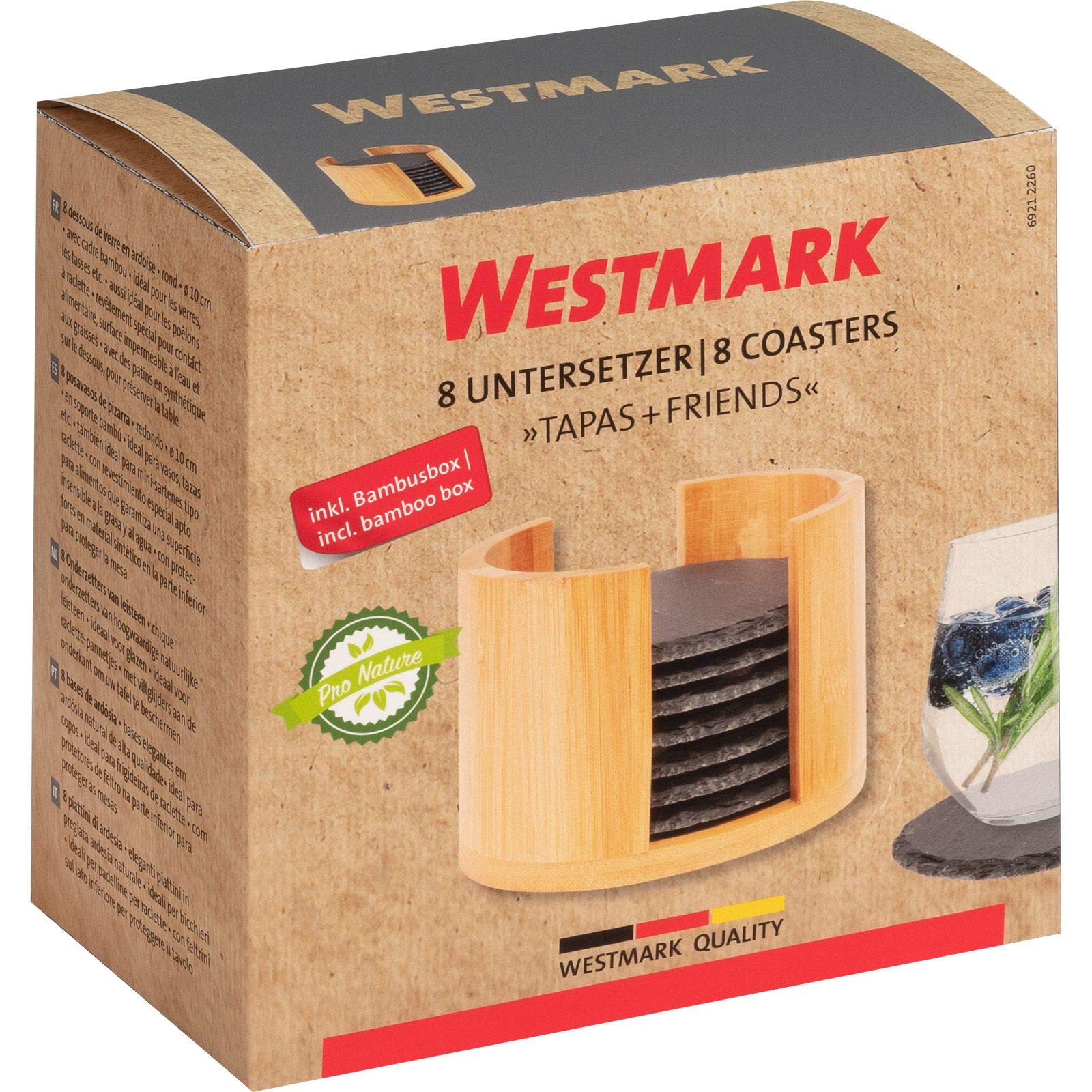 Westmark 8 Sottobicchieri in ardesia naturale con scatola in bambù, Rotondo, Con gommini, ø 10 cm, Ardesia/Bambù, Tapas + Friends, Antracite/Marrone chiaro, 69212260