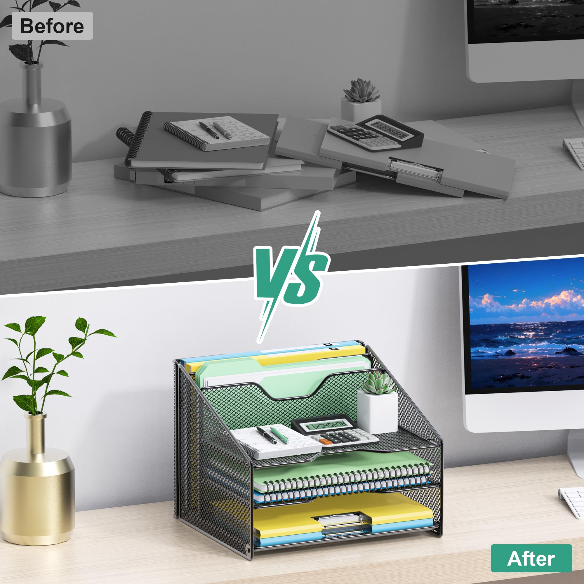 OUTWOLF Schreibtisch Organizer mit Aktenhalter, 3-stufiger Papier Organizer+ 2 Vertikalen Fächern, Mesh Metall Schreibtisch Akten Organizer für A4-Aktenordner, Papier, Buch, Bürobedarf, Glanzschwarz