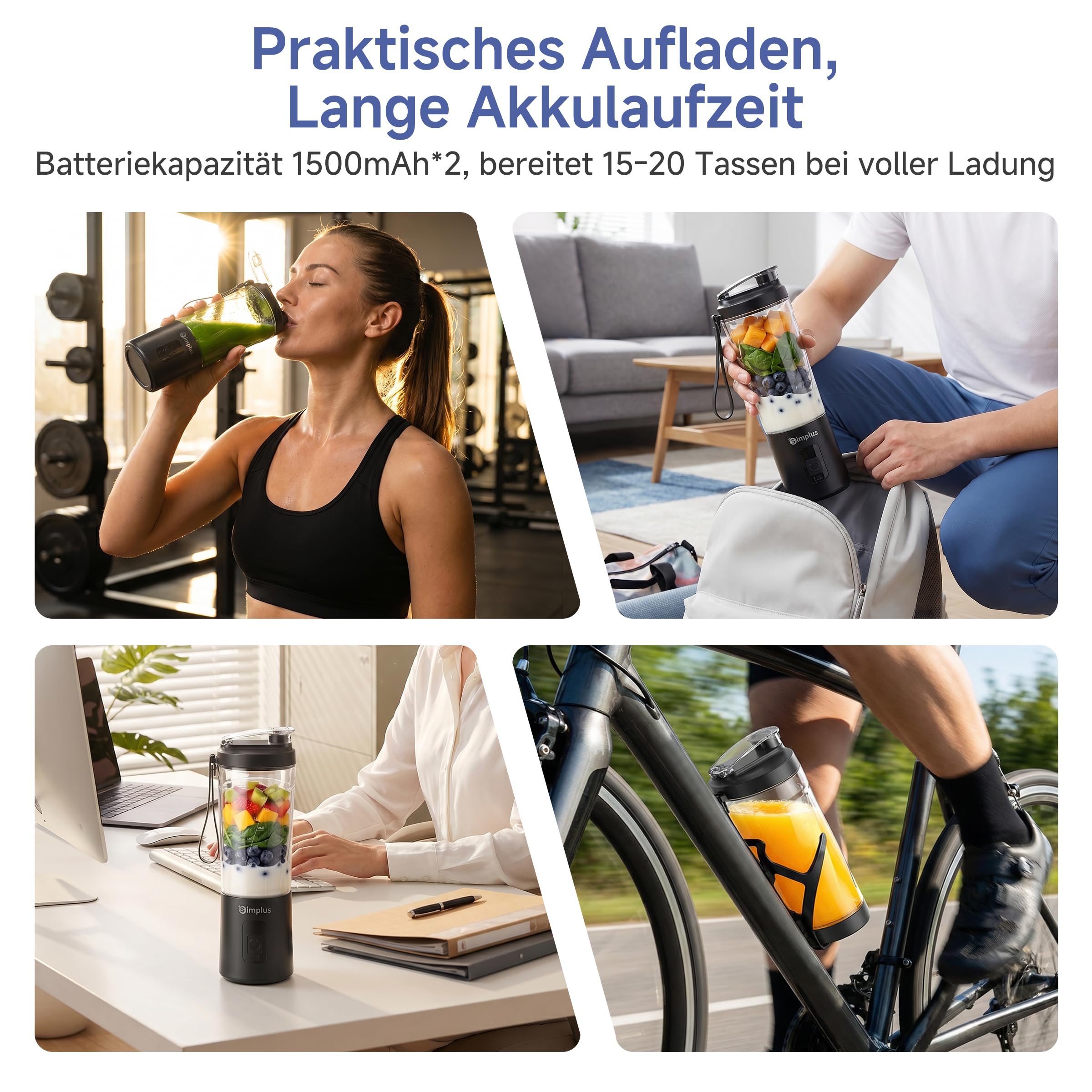 SIMPLUS Tragbarer Mixer 800ml Smoothie Maker To Go, USB-C Mini Mixer mit 6 Edelstahlklingen, kabelloser Blender für Shakes, Milchmixgetränke, weiche Früchte & kleine Eisstücke, BPA-frei