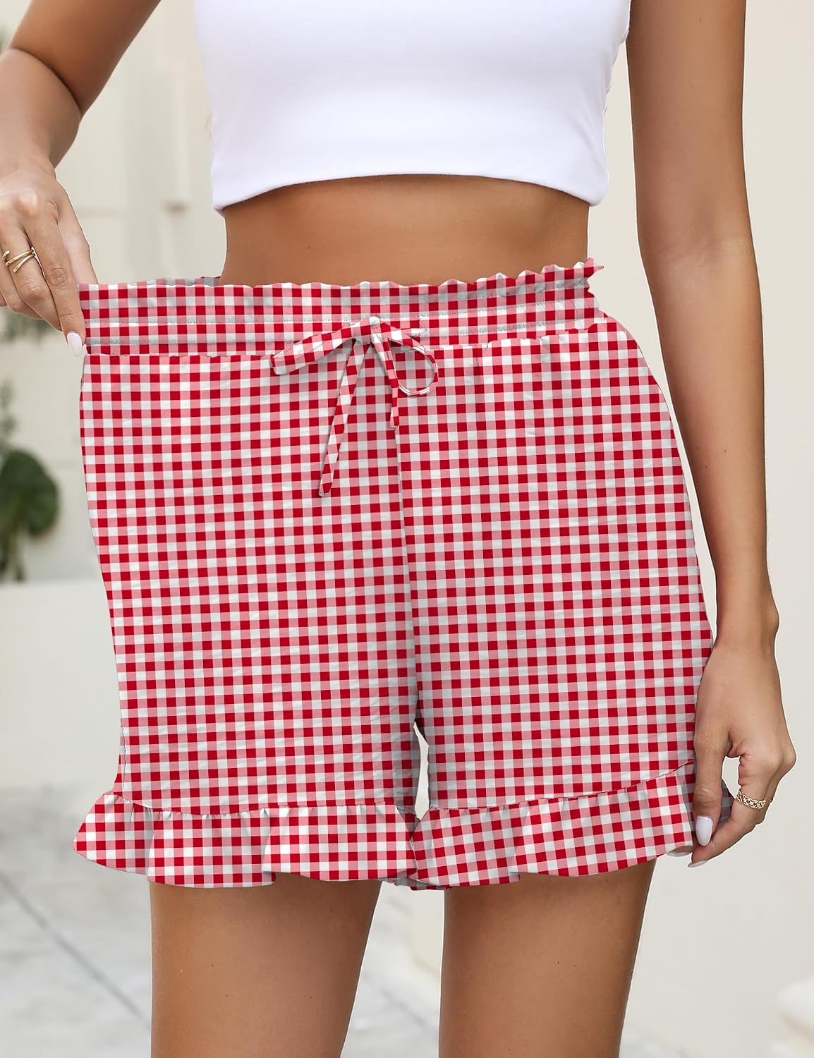 IECCP Women's Shorts 2026 Summer Casual Cute Ruffle Shorts Comfy Elastic Waist Drawstring Pleated Short with Pockets