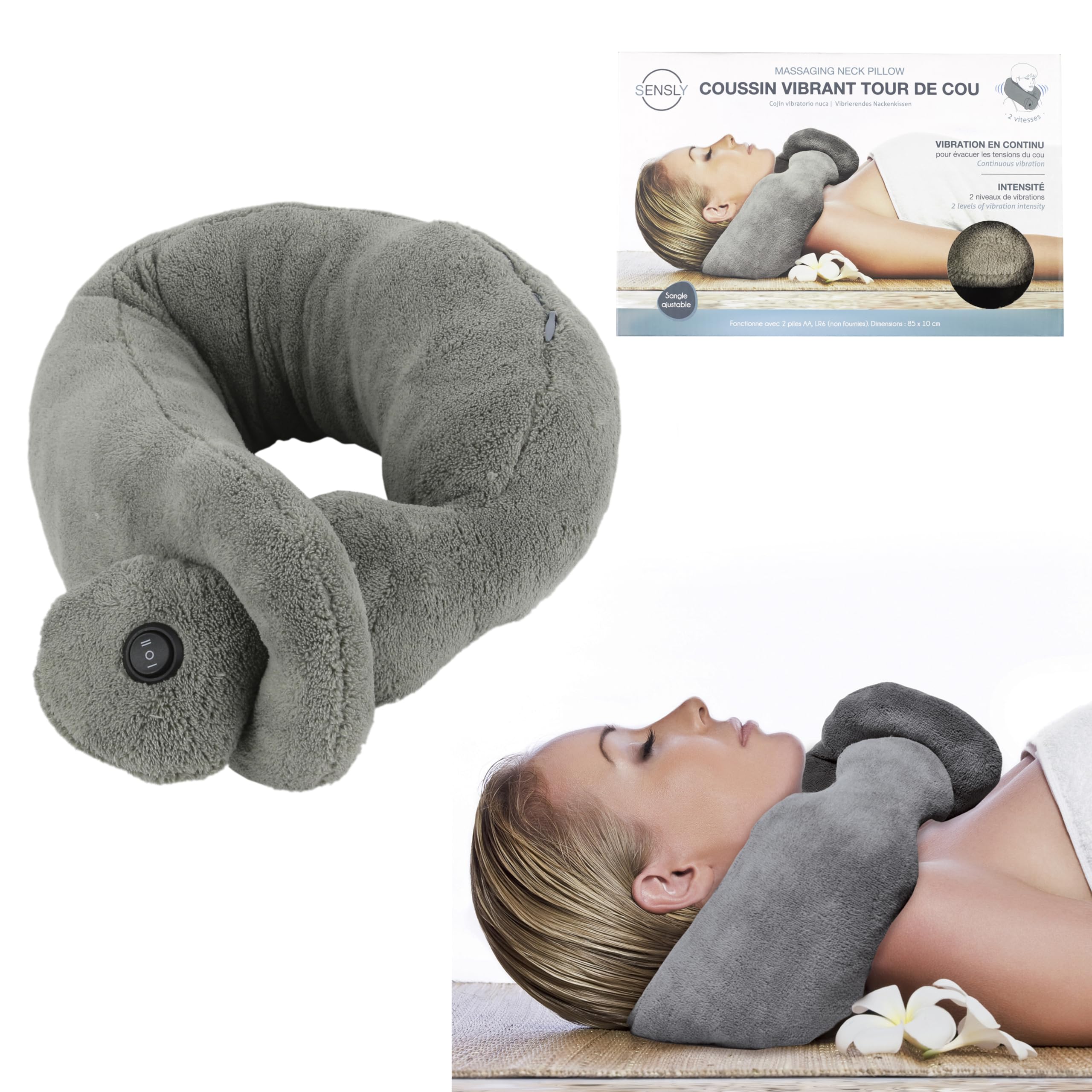 SENSLY - SB84102 Coussin Vibrant Relaxant Tour de Cou - Massage Doux Ou Tonique - Transportable - Housse Amovible Lavable - Dimensions 85 x 10 x 5 cm - Taille Unique - Multicolor