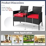 Tangkula Patio Loveseat avec table intégrée, Wicker 2-Seat Meubles avec coussins souples & Table en verre trempé, Cadre métallique Conversation extérieure Banc de siège pour la cour arrière, Porc