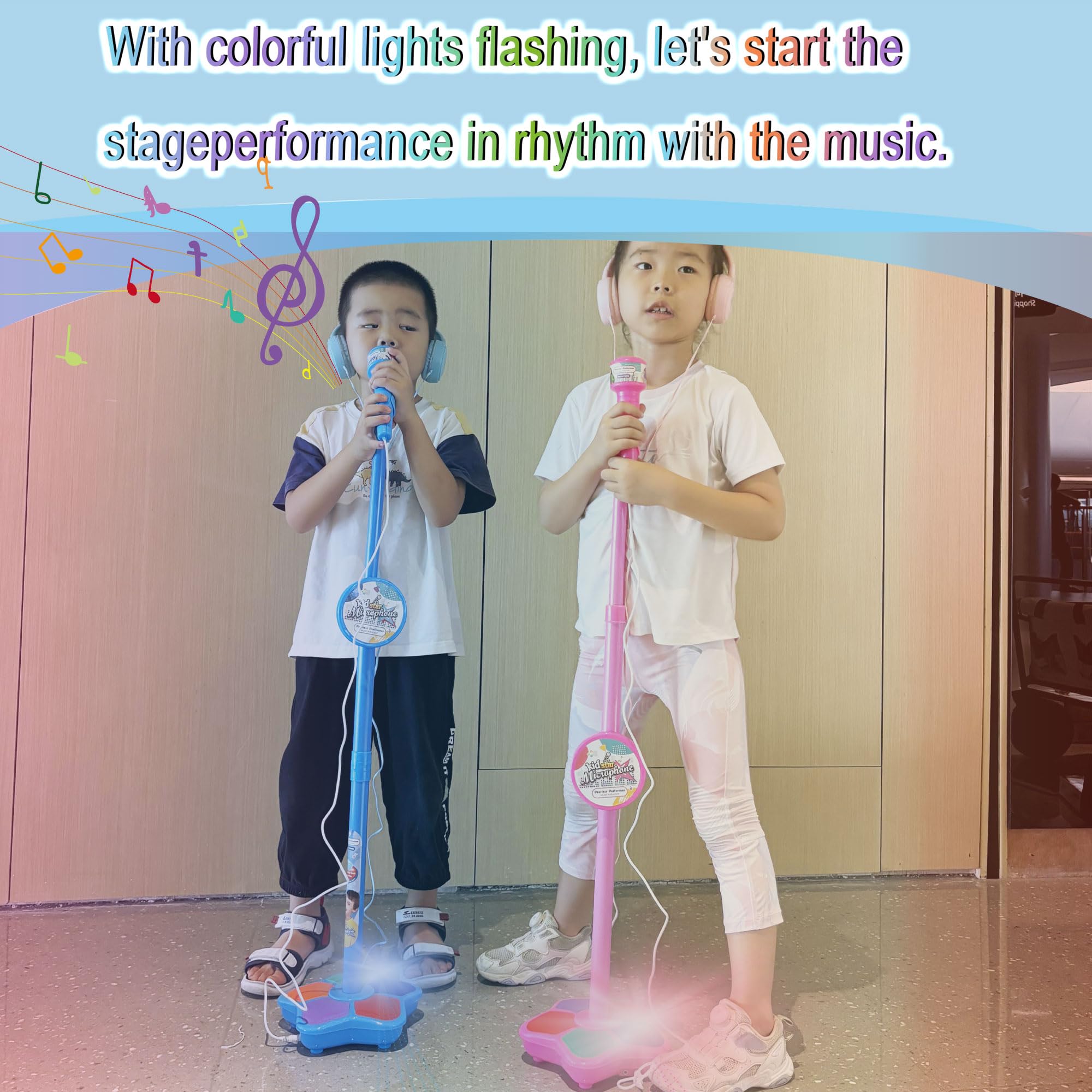 Micrófono de karaoke para niños con soporte ajustable, micrófono de pie para cantar portátil, auriculares retráctiles para cantar música, base de luz intermitente para niños y niñas de 3 a 6 años 3