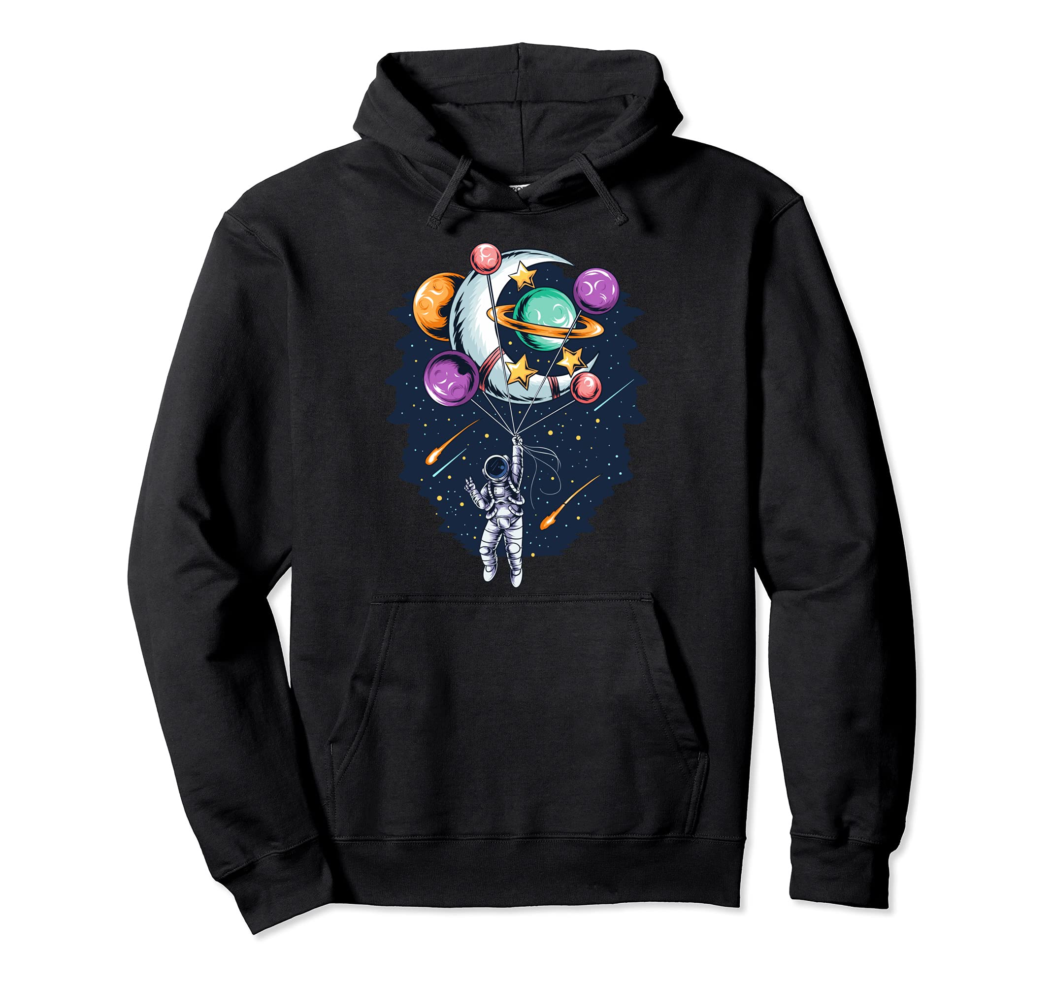 Space Astronaut Flying Holding Planet and Moon Balloons Pullover Hoodie, Black