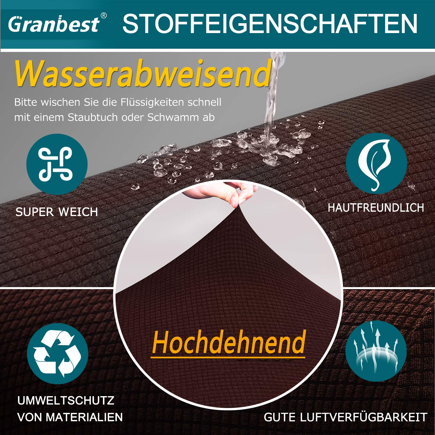 Granbest Copridivano elasticizzato, impermeabile, 1 pezzo, in spandex, jacquard, con gommapiuma antiscivolo (3 posti, cioccolato)