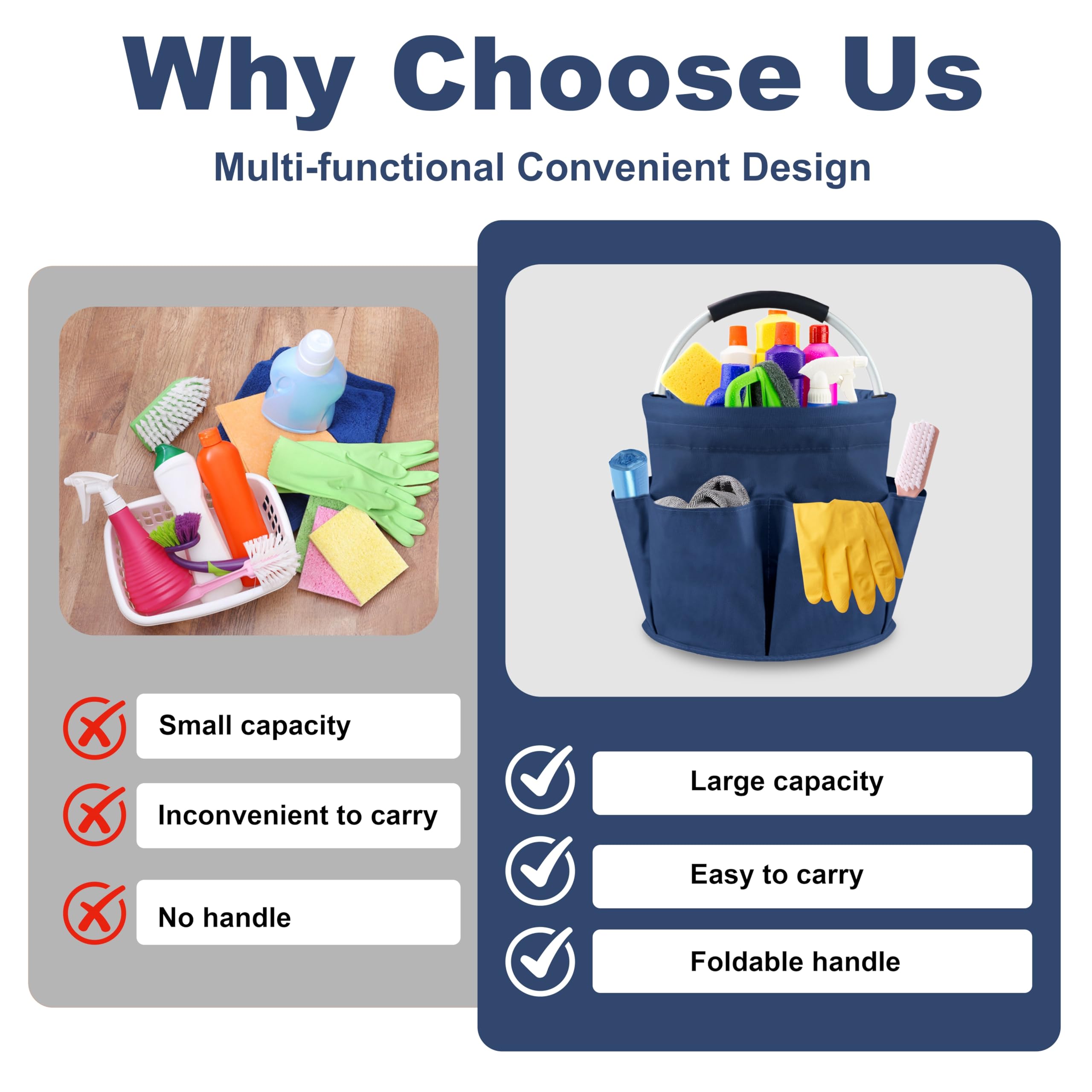 Cesto per la Conservazione, Carrello Pulizie con Manico,Grande Contenitore Organizer per La Pulizia Professionali,Multi Tasche,Borsa per La Pulizia,Facile da Pulire e Trasportare (Blu scuro)
