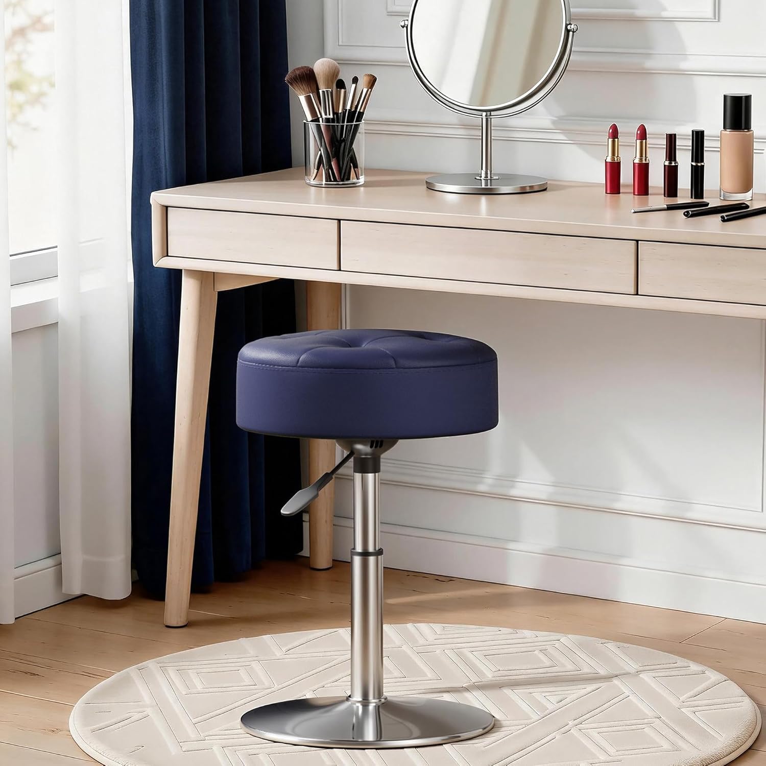 Youtanic Vanity Stool with Adjustable Height, 360°Swivel Ottoman Chair for Adults, Round Padded Makeup Stool with Stable Support for Vanity Bedroom, Bathroom, Dorm, Navy Blue