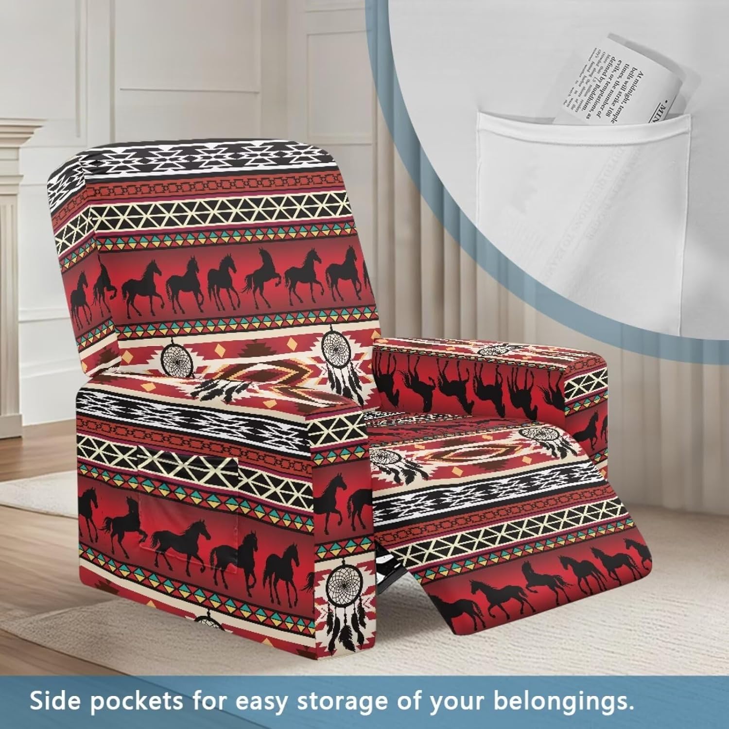 Aztec Horse Pattern Recliner Chair Covers Southwest American Tribal Recliner Sofa Slipcovers with Armrest, Wear-Resistan Sofas Couches Slip Covers for Pet,Kids